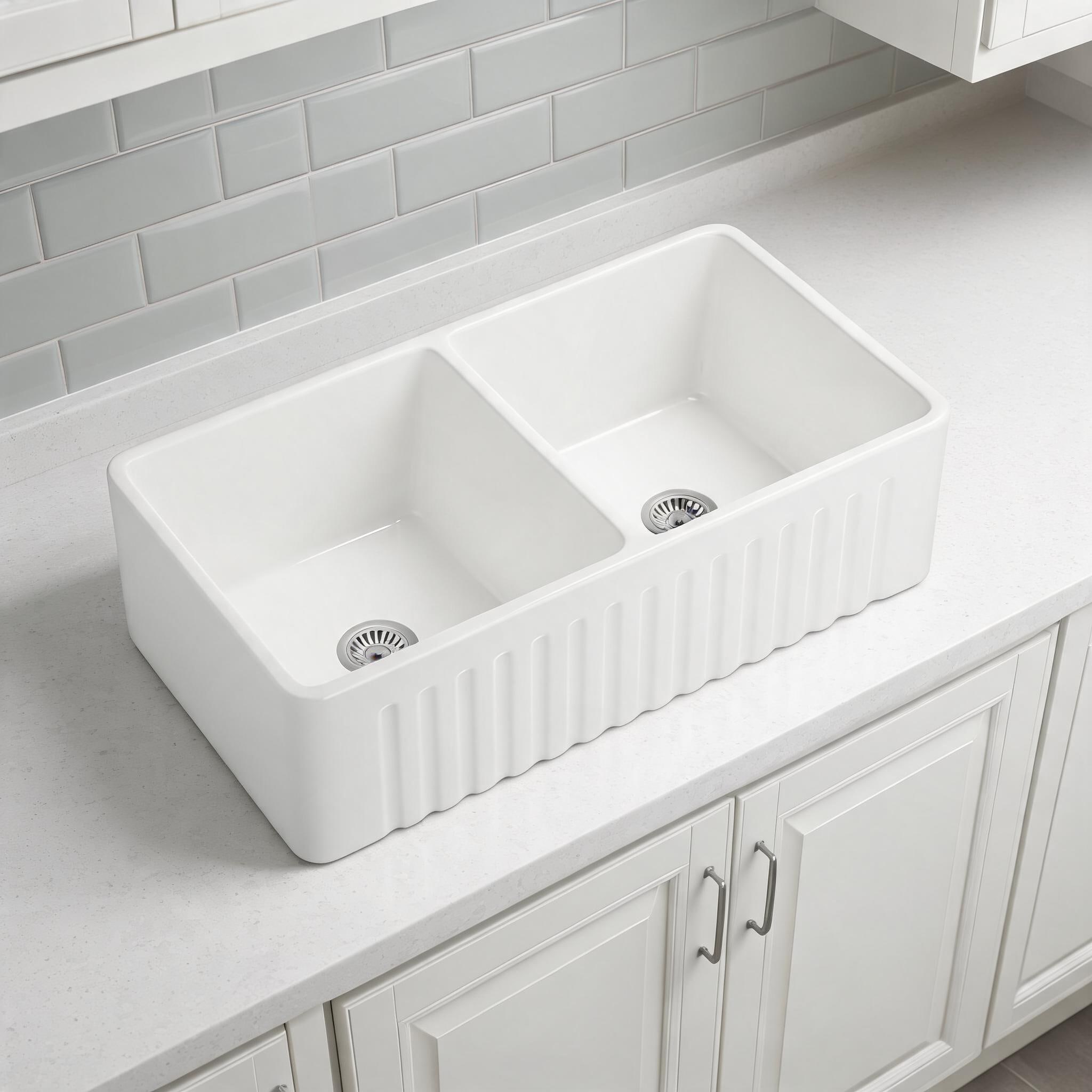Watnature Kitchen  33 times 18 times 10 Inch Farmhouse Apron Front Soft White Ceramic Kitchen Sink