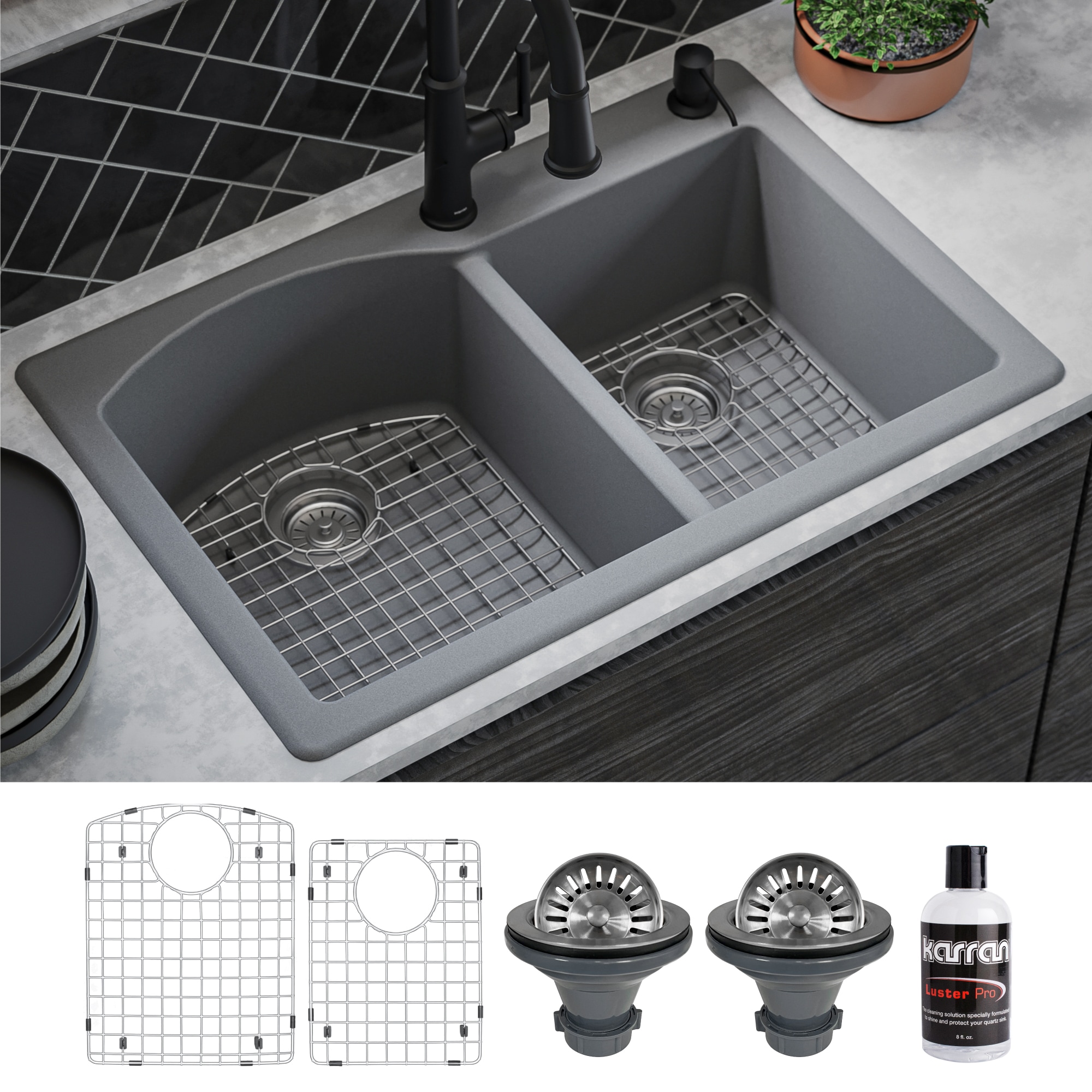 Karran QT-610-GR-PK1 Drop-in 33-in x 22-in Quartz Double offset bowl 1-Hole Kitchen Sink