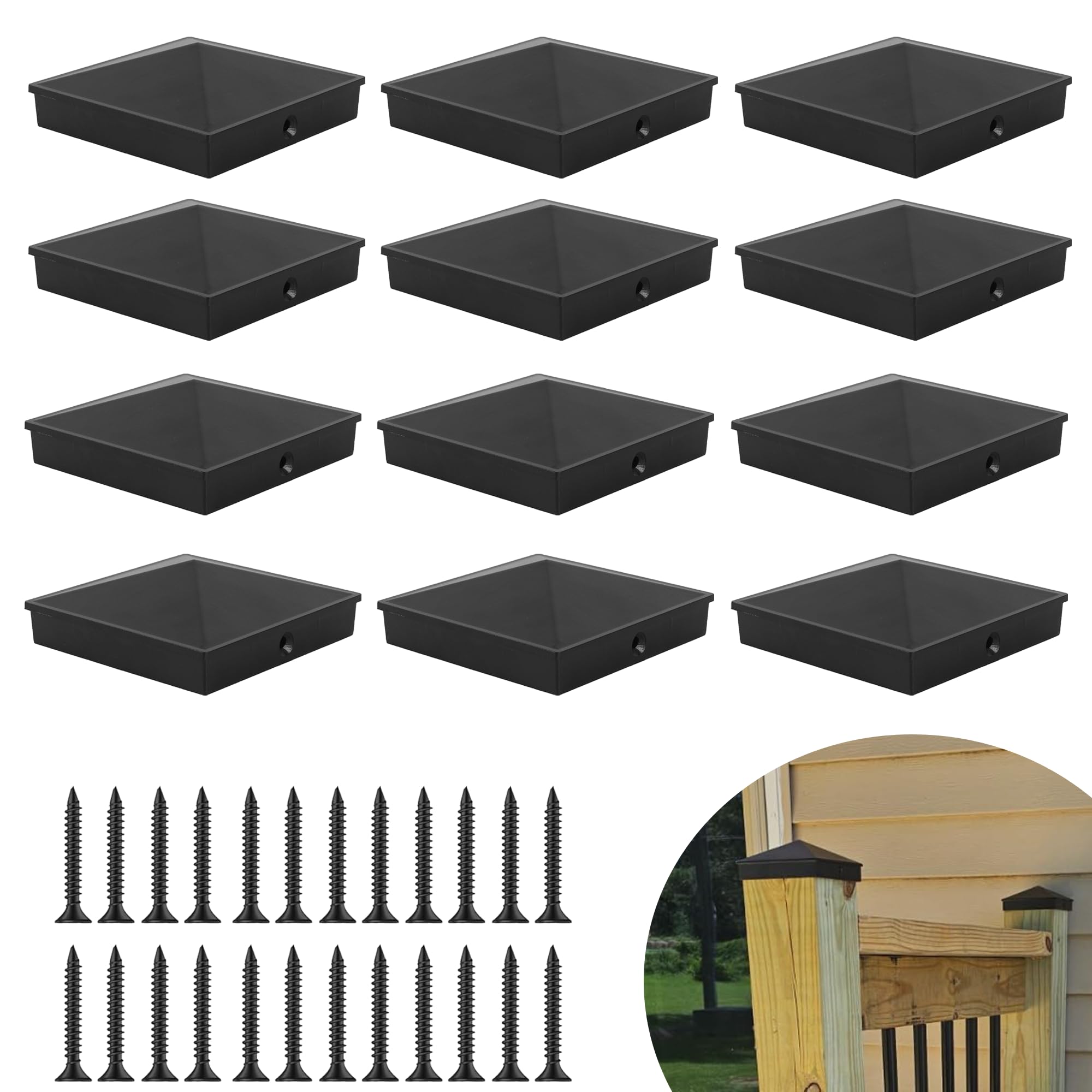 SenQWFa  12 Pack Black Aluminum Pyramid Fence Post Caps for Four by Four Inch Wood Posts with Screws Matte Finish Powder Coated Surface