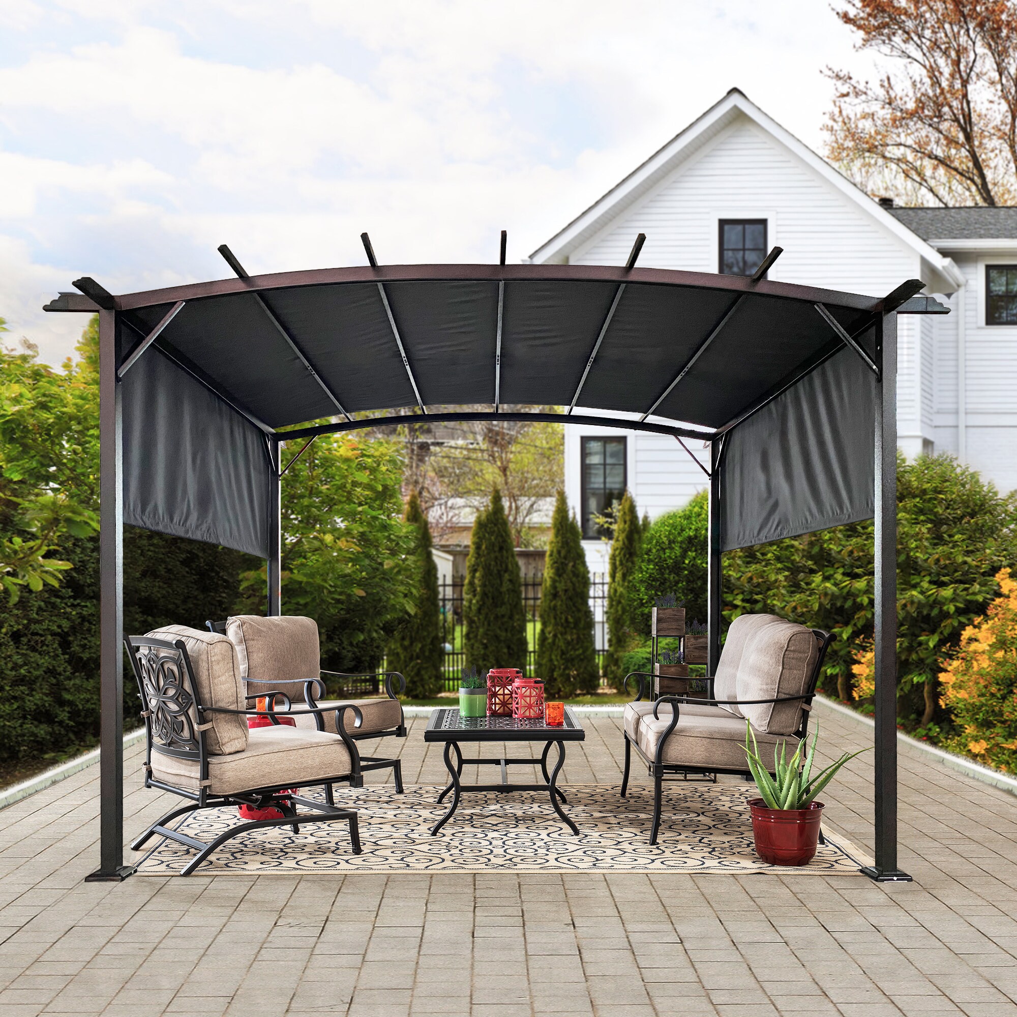JIMSMAISON BOBYCG03GR 9-ft W x 11-ft 9-in L x 7-ft 6-1/2-in H Gray Metal Freestanding Pergola with Canopy