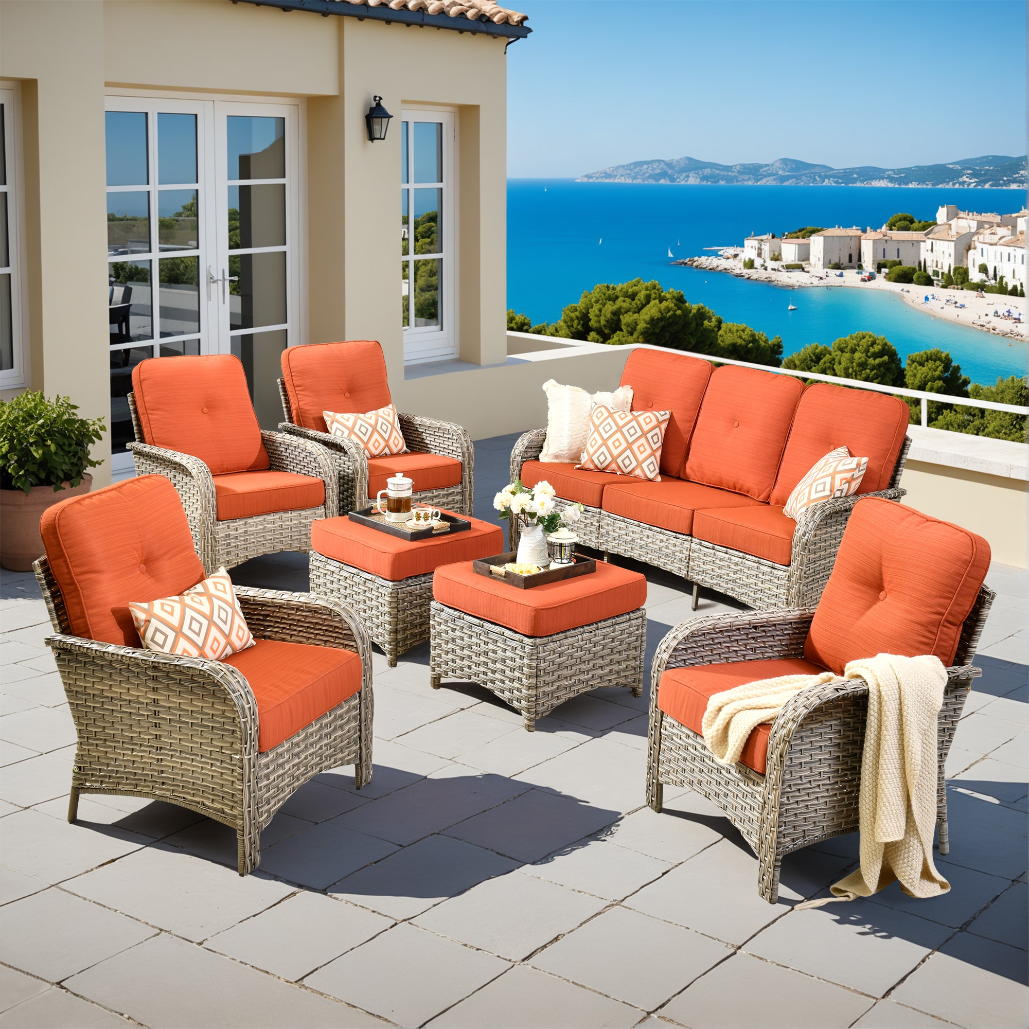 Pouuin SVNC807 7 -Piece Wicker Patio Sofa Conversation Set with Orange Cushions