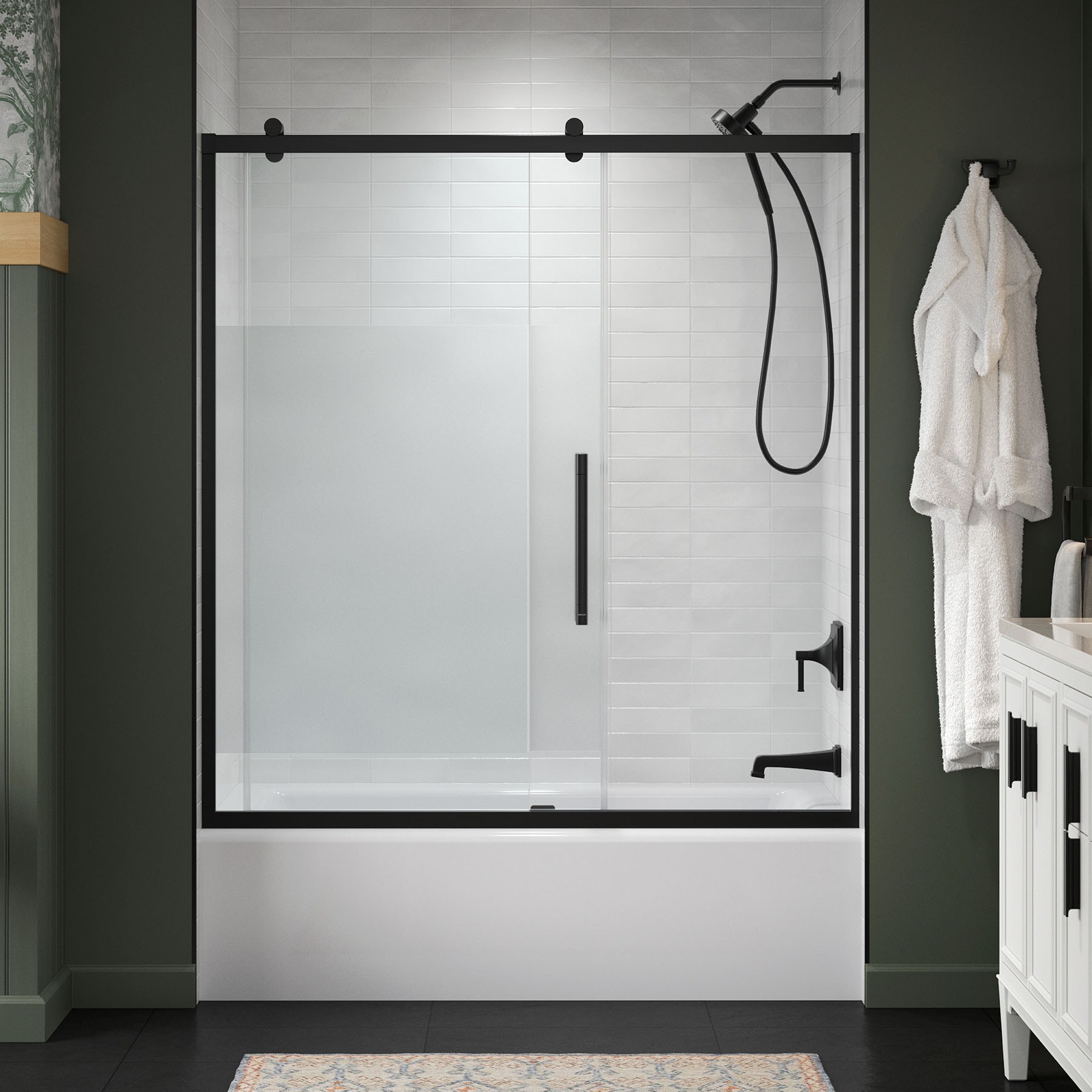 KOHLER 702473-8G81-BL Premise Matte Black 56-in to 60-in W x 61.69-Inches H Frameless Sliding Soft Close Bathtub door