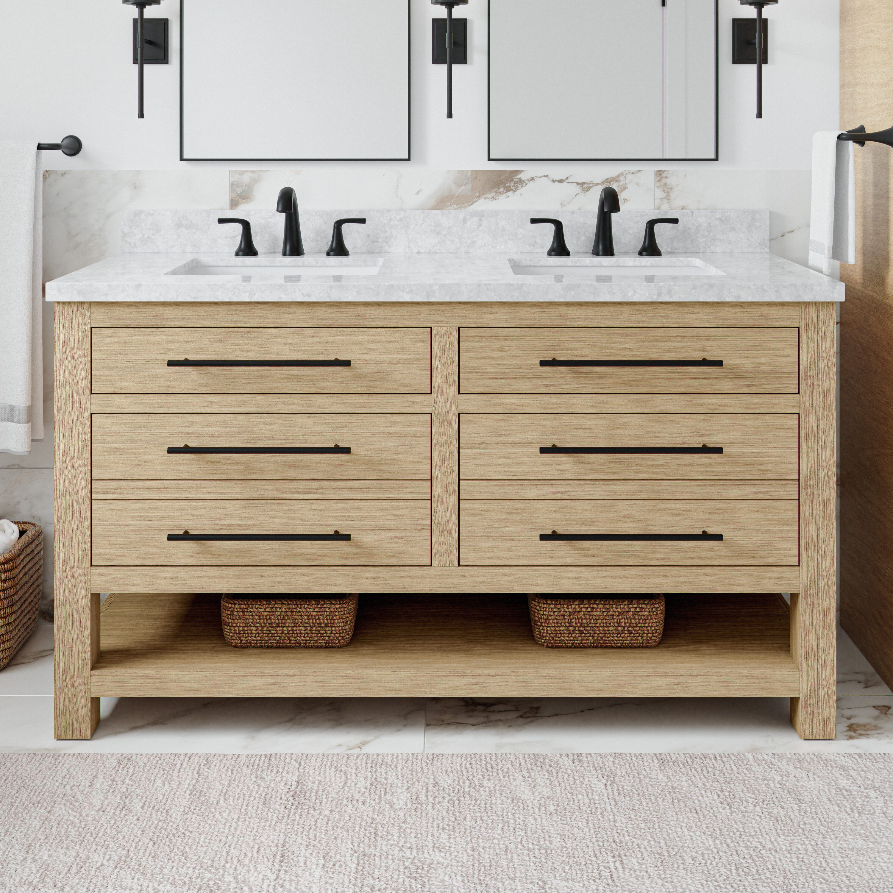 Kennilton 60-in Light Oak Undermount Double Sink Bathroom Vanity with White Veined Engineered Stone Top in Brown | - allen + roth LWS60KNTLN