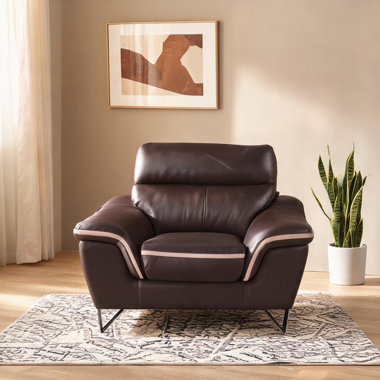 chillscreamni - Rich Brown Leather Accent Chair High-Density Foam Seat Elegant Living Room Seating