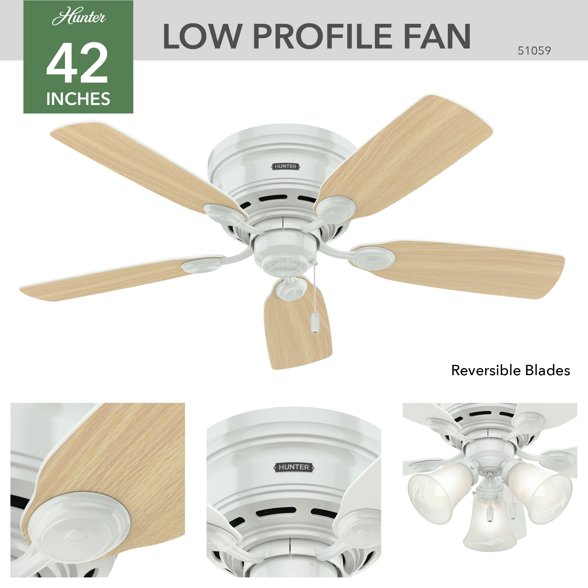 Hunter Low Profile 42 In White No Base Indoor Flush Mount Ceiling Fan 5 Blade The Fans Department At Lowes Com