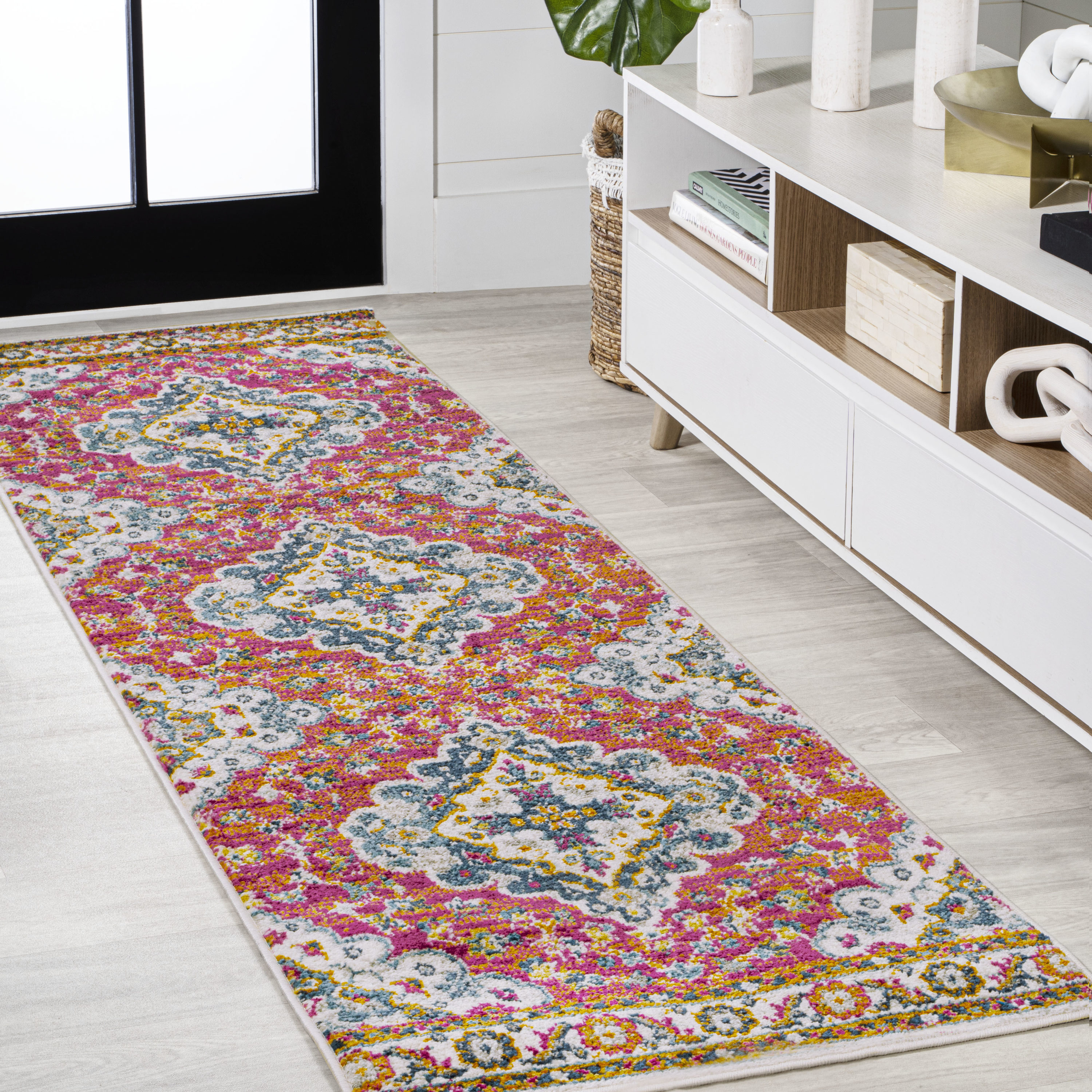 JONATHAN  Y BMF106C-28 Bohemian Flair 2 x 8 (ft) Loomed Polypropylene Fuchsia/White Rectangular Indoor Geometric Vintage Runner rug