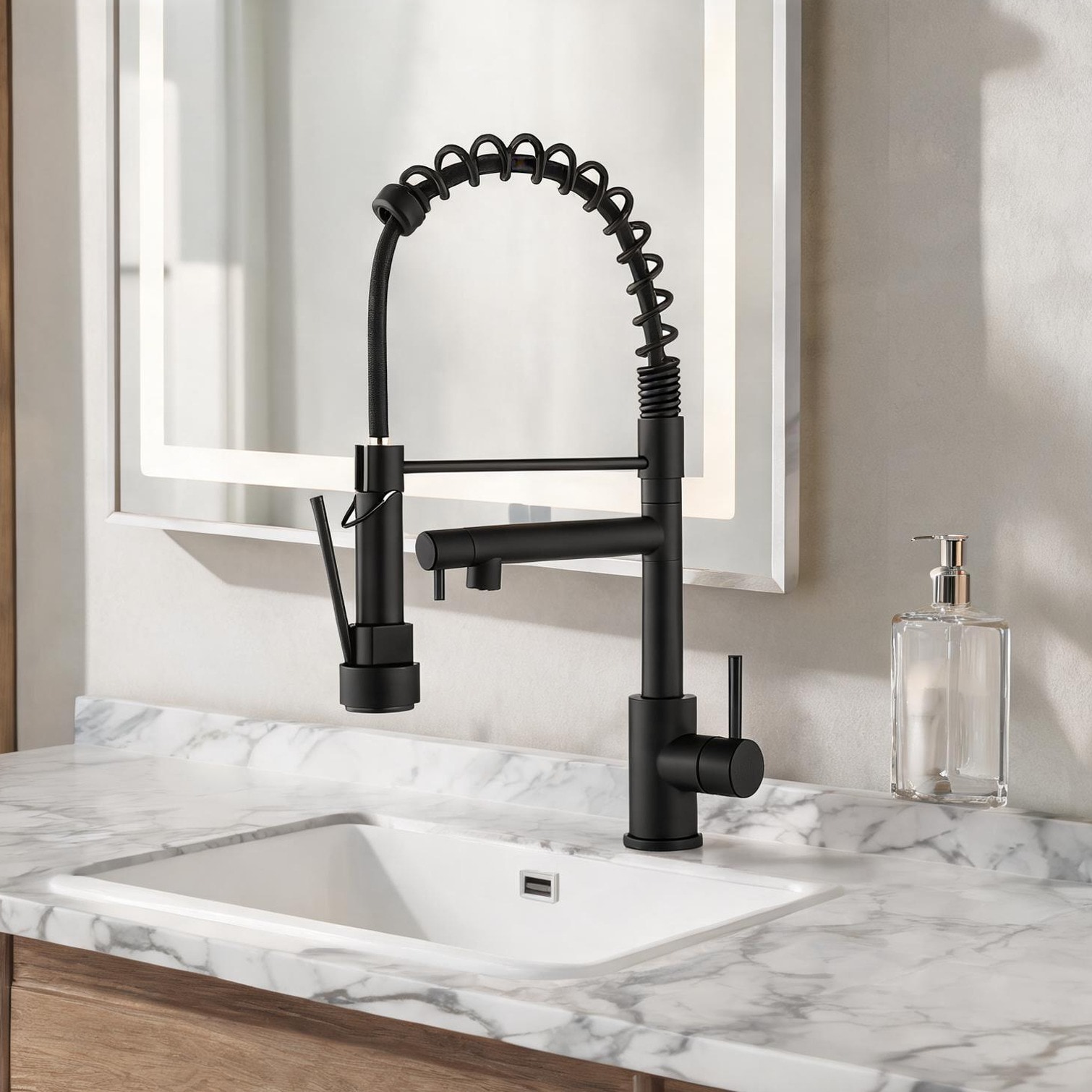 SunJet Matte Black Metal Kitchen Sinks and Faucets for Kitchen with Storage and Swivel Seat