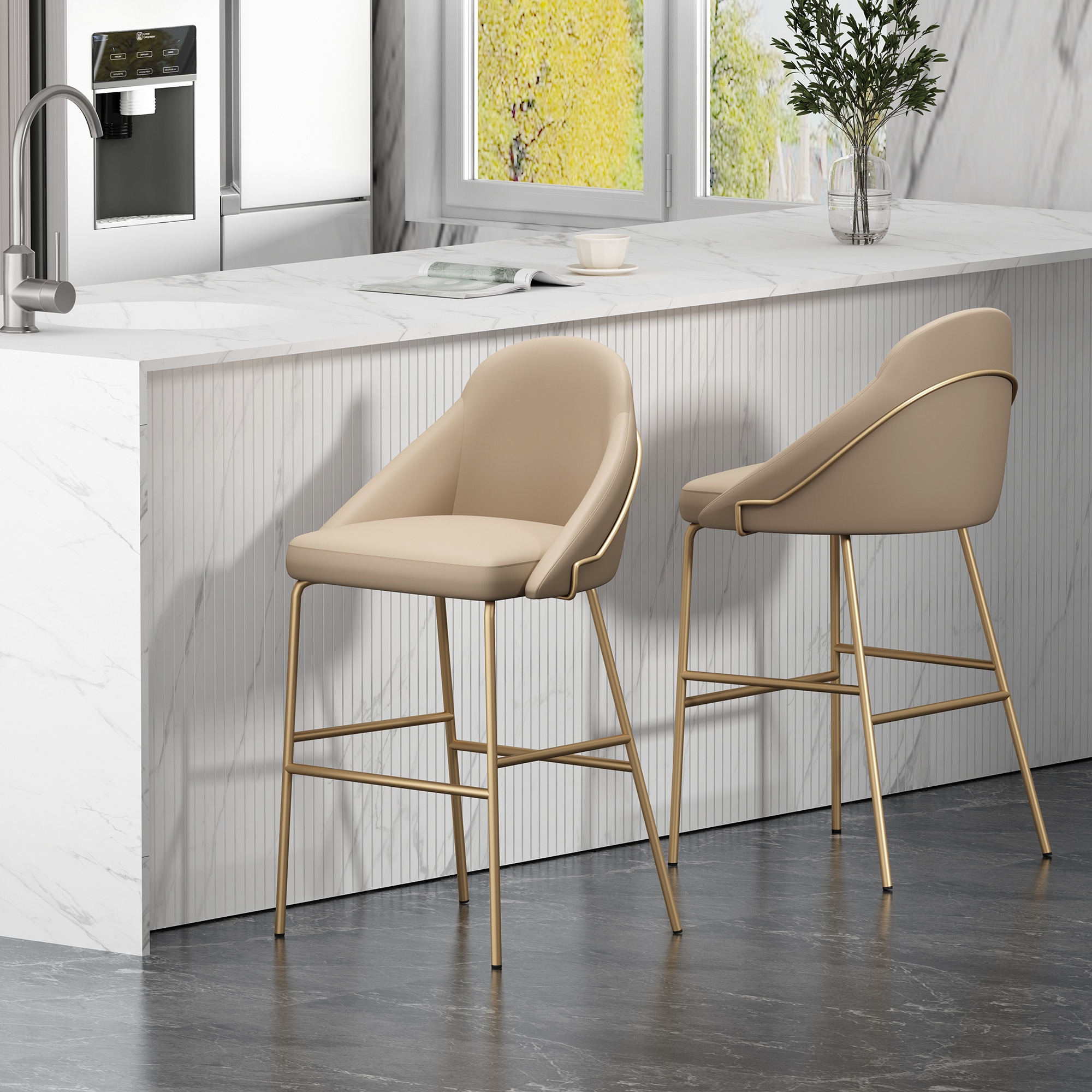 Manhattan Comfort 2-BS022-GTN Gracie 2 -Set Tan and Gold 29.1-in H Bar height Square seat Upholstered Metal Bar Stool and Back