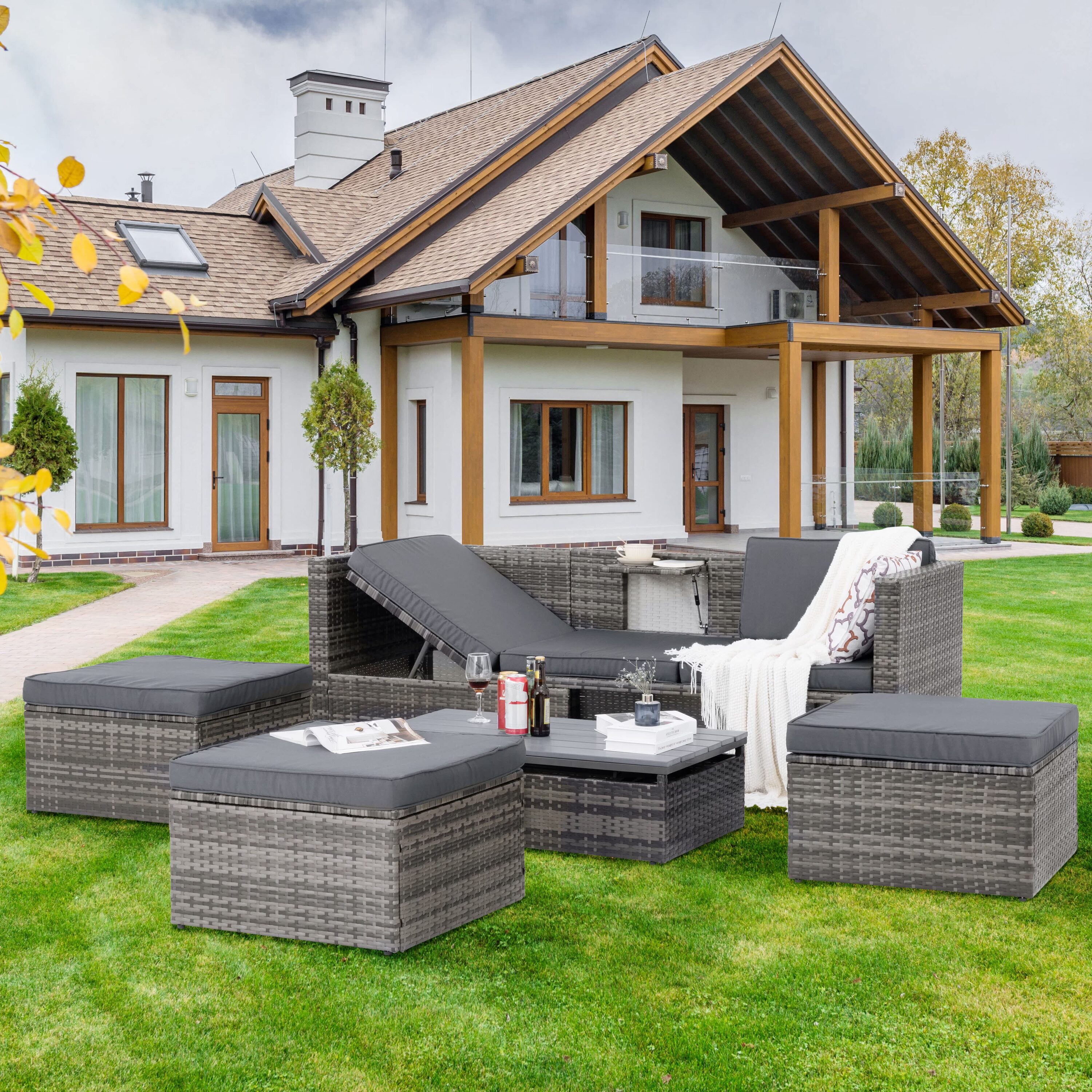 Bestier USLOW-S01350032 5 Pieces Outdoor Patio Conversation Set Wicker Furniture Set with Coffee Table Outdoor Sectional Sofa Gray Cushions