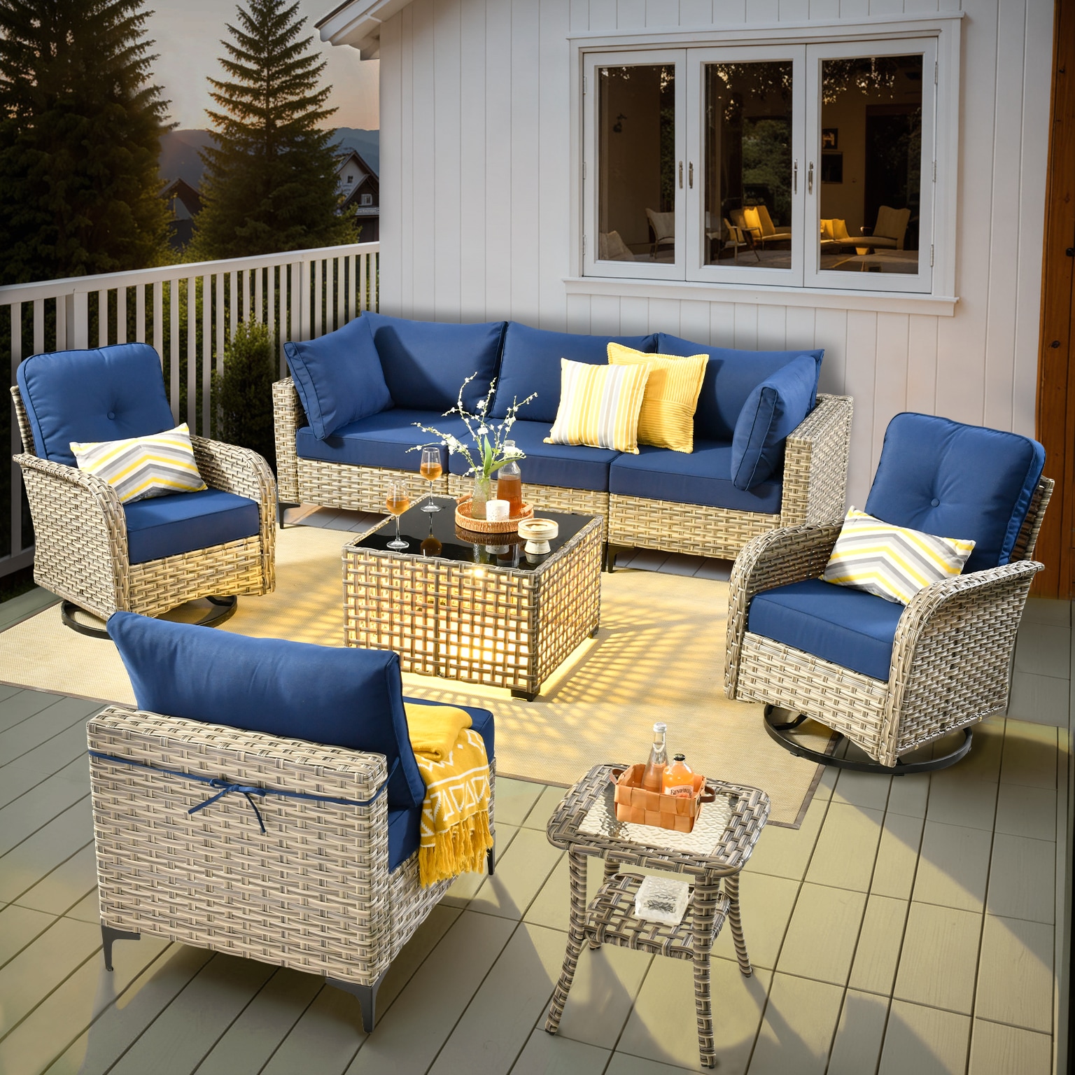 Ovios SK708YV 8 -Piece Rattan Patio Conversation Set with Navy Cushions
