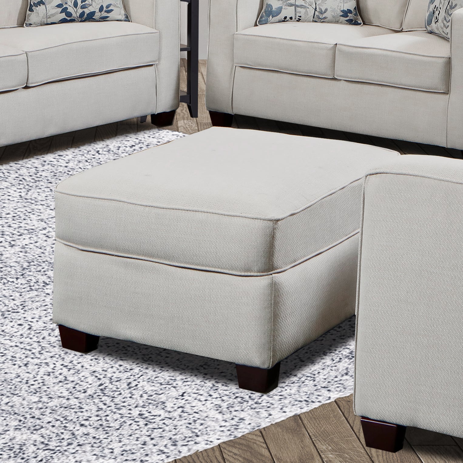 Relay Linen White Oversized Ottoman with Solid Wood Frame
