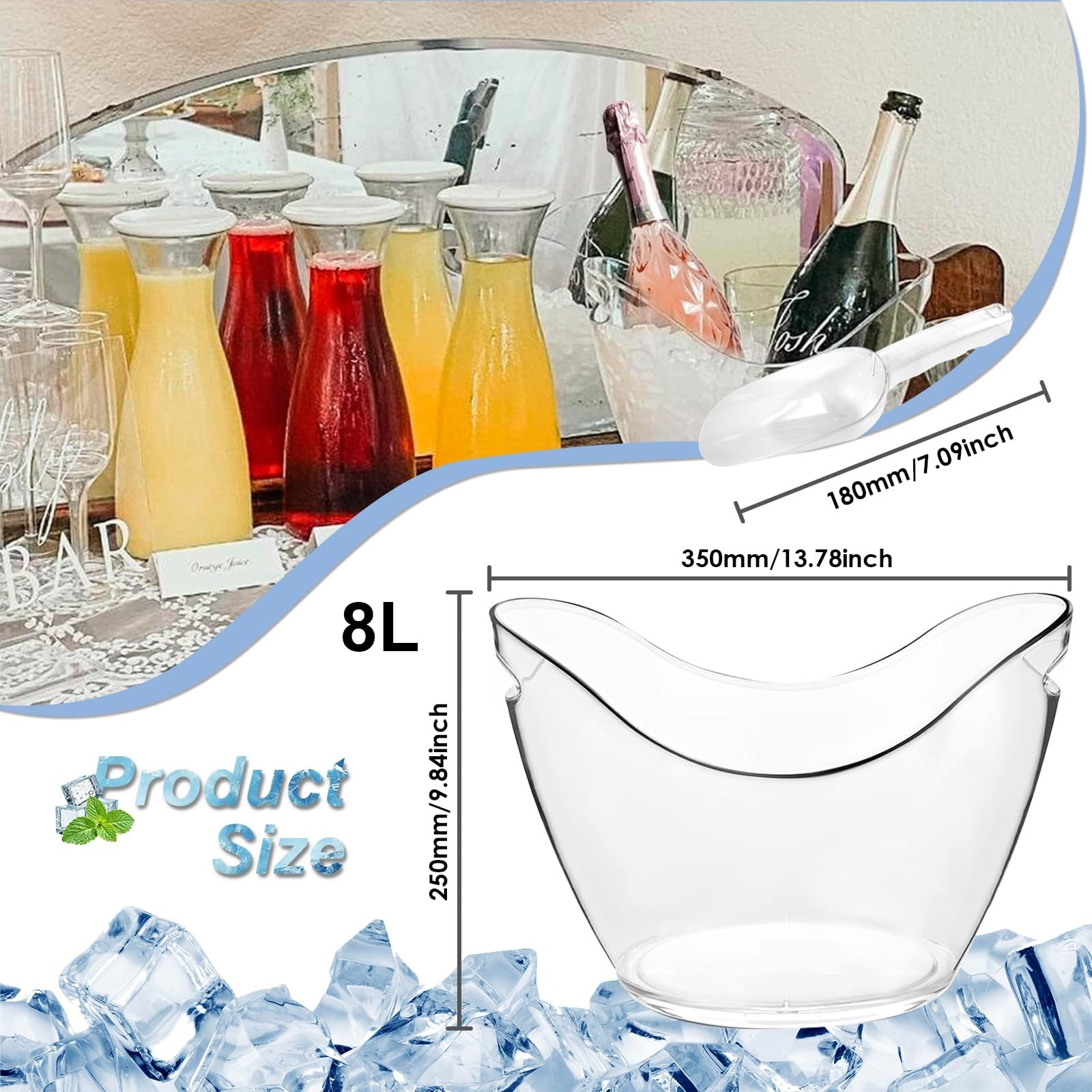 Aoibox 4 Piece Clear Plastic Champagne Ice Bucket Set with 2 Scoops 8 L Beverage Chiller for Parties #LABLT08D