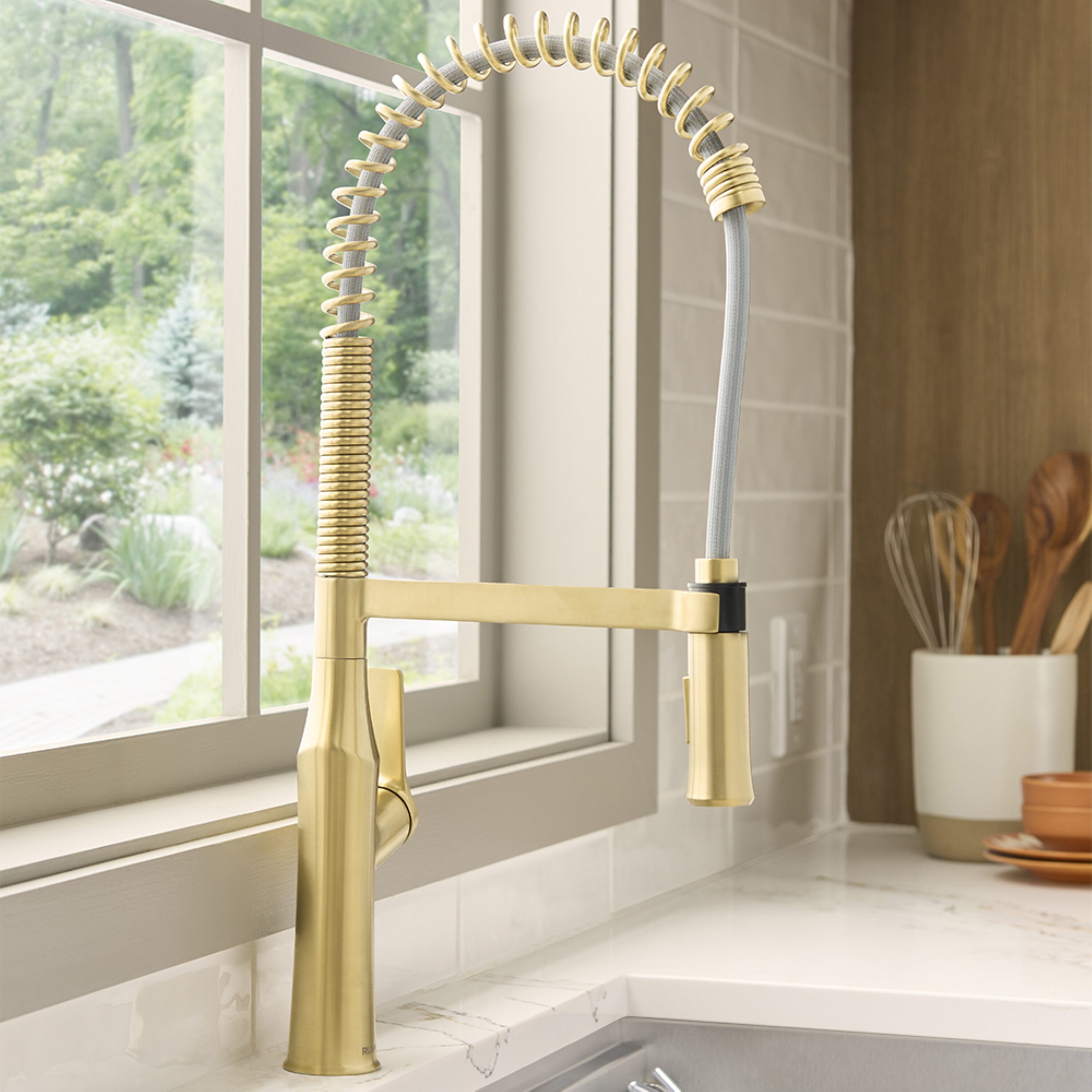 Ruvati RVF1233SG Seneca Brushed Gold Single Handle Deck-mount Kitchen Faucet with Sprayer