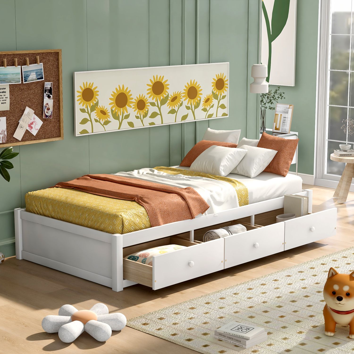 JASMODER WF193634AAK White Twin Composite Platform Bed with Storage