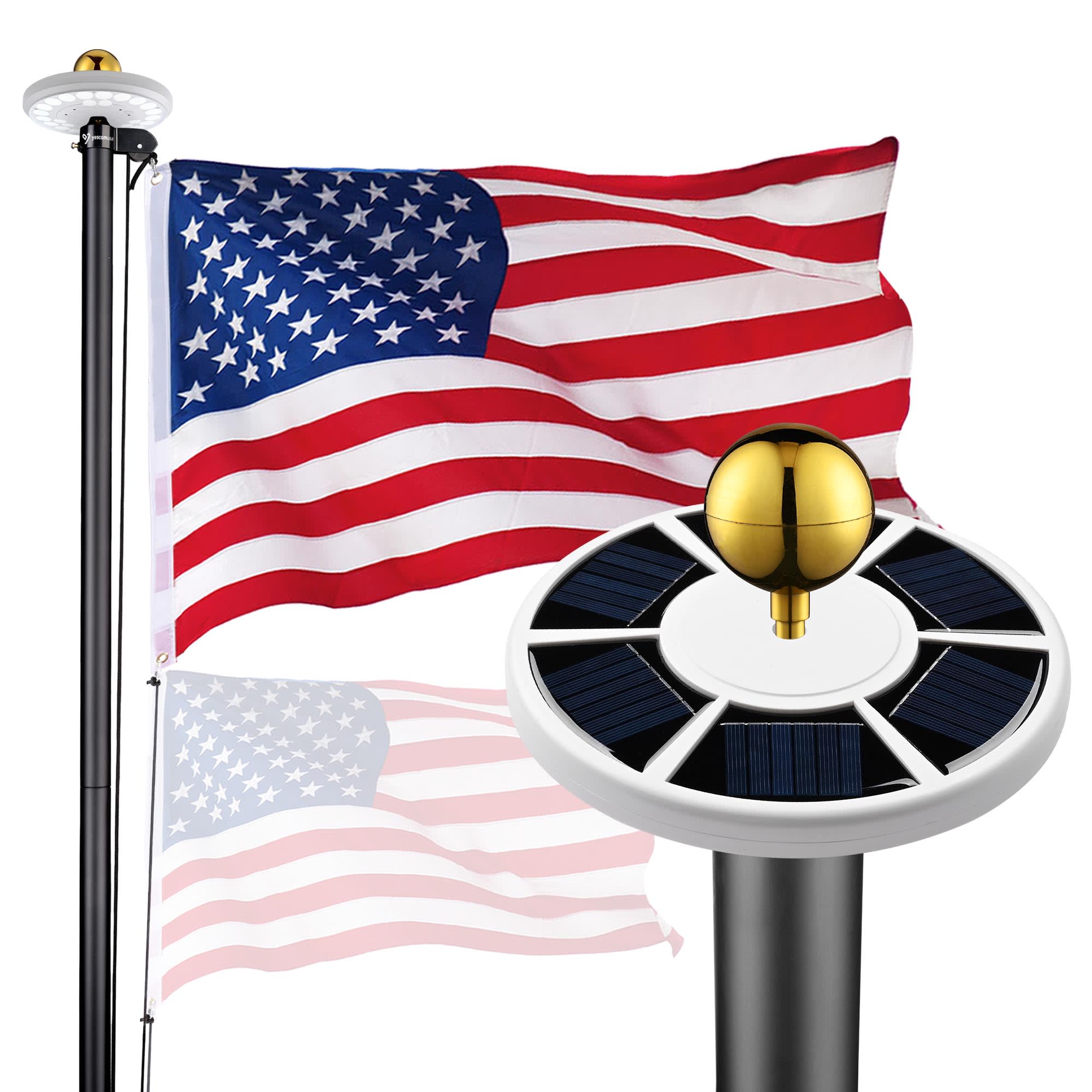 Yescom 22FLPSET041-25-06-LO Bravery 25ft 13 Gauge Heavy Duty Sectional Flag Pole with Solar Light for Outside House Inground Yard Residential Black