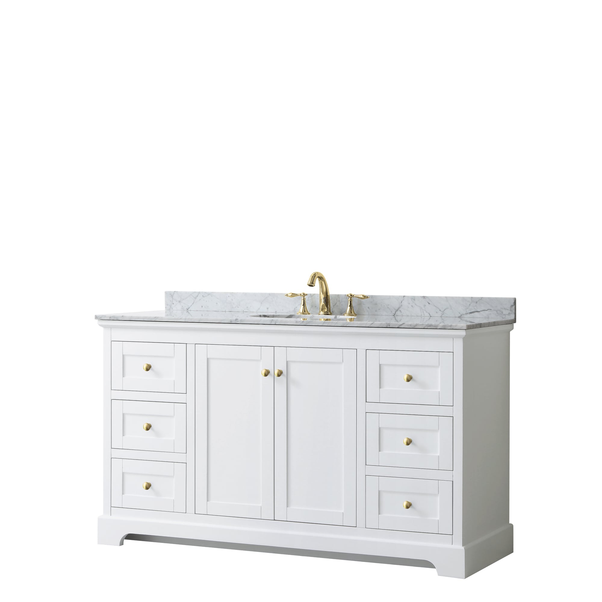 Wyndham Collection WCV232360SWGCMUNOMXX Avery 60-in White with Brushed Gold Trim Undermount Single sink Bathroom Vanity with White Carrara Marble Marble Top