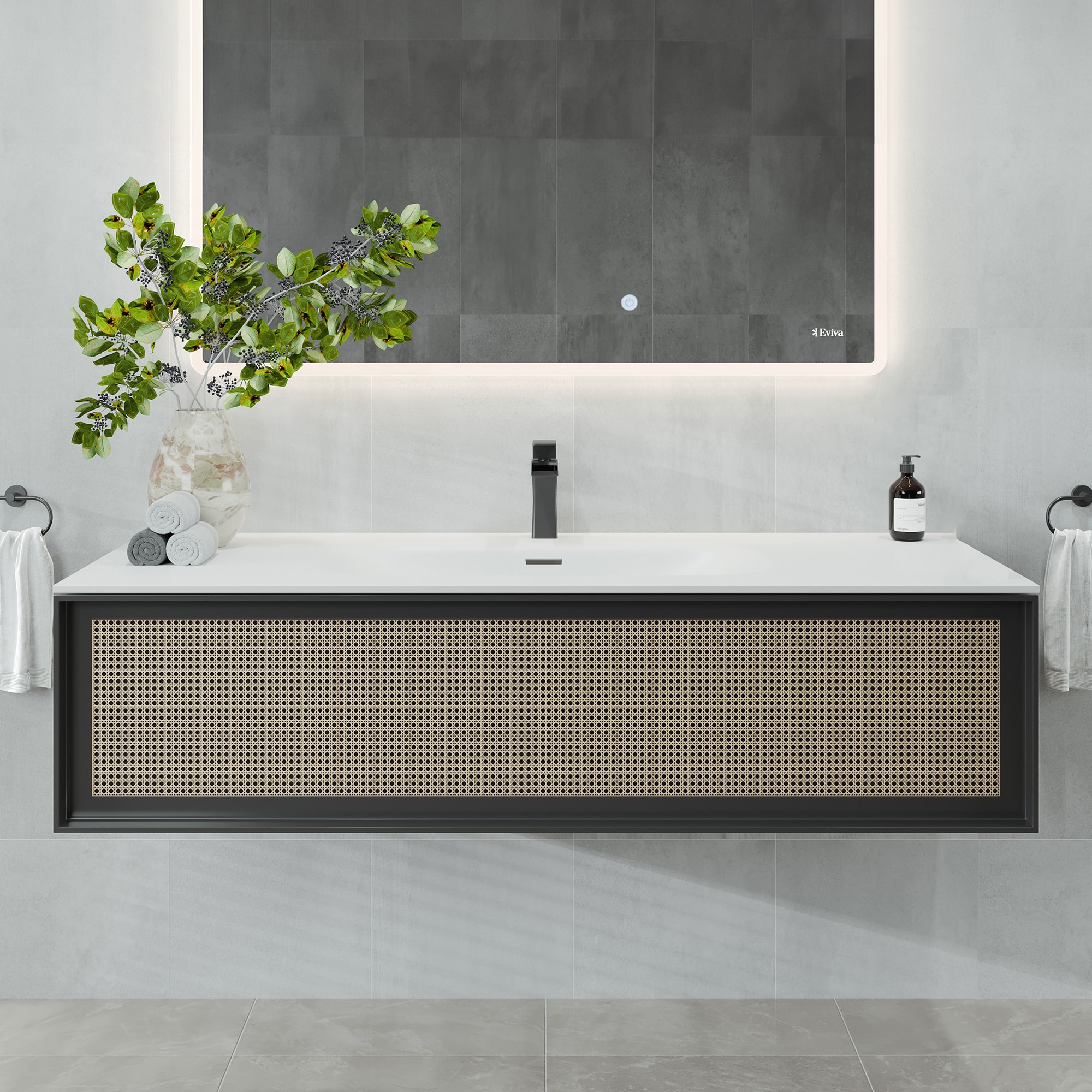 Eviva EVVN116-44NOK/BL Nets 44-in Natural Oak Single sink Floating Bathroom Vanity with White Solid surface Top