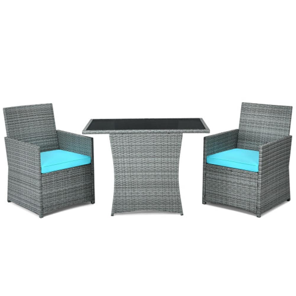 Poinic CWJ68177TU 3 -Piece Rattan Patio Conversation Set with Blue Cushions