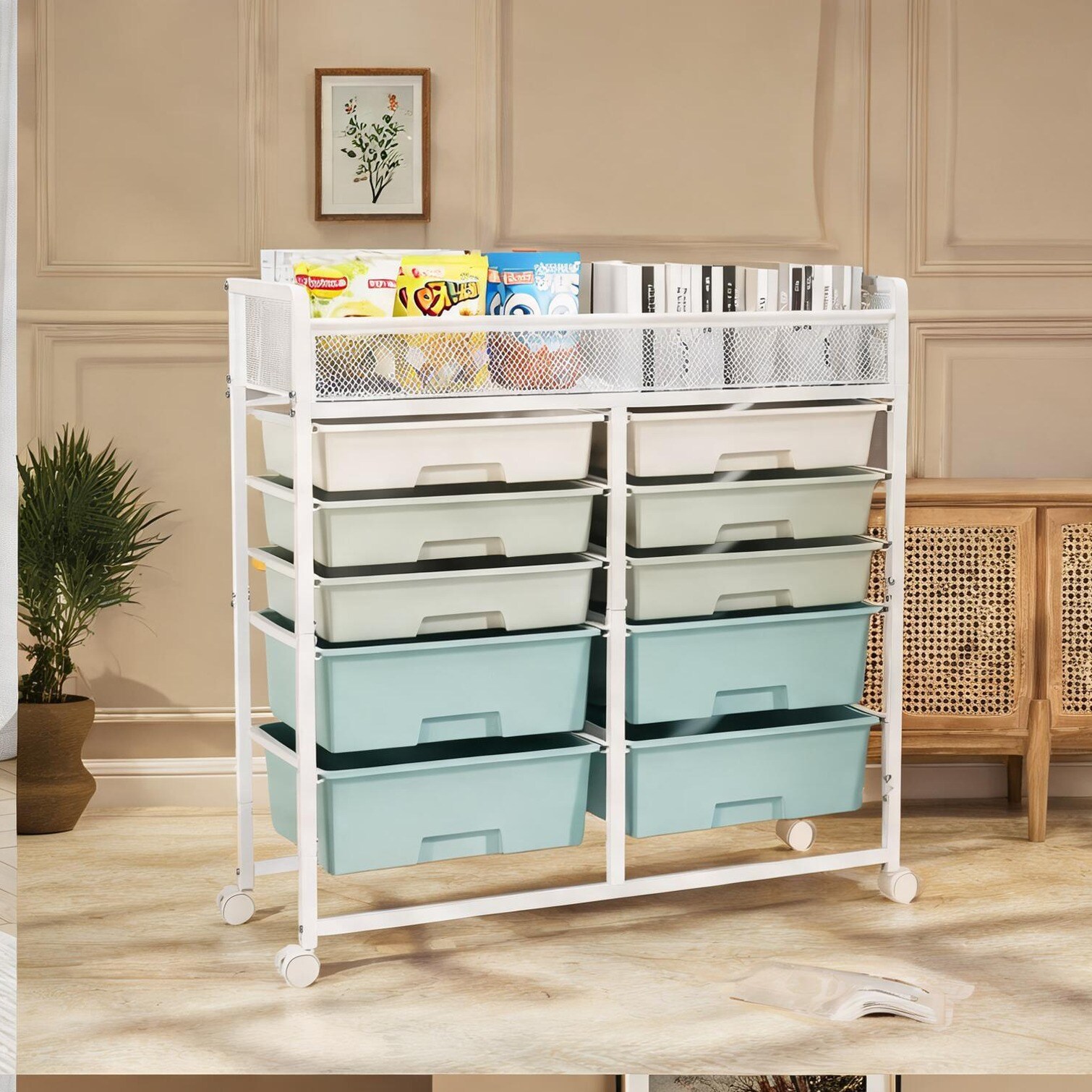 FlowLuxe Crisp White 10-Drawer Rolling Storage Cart Metal Mesh Organizer for Kitchen or Office