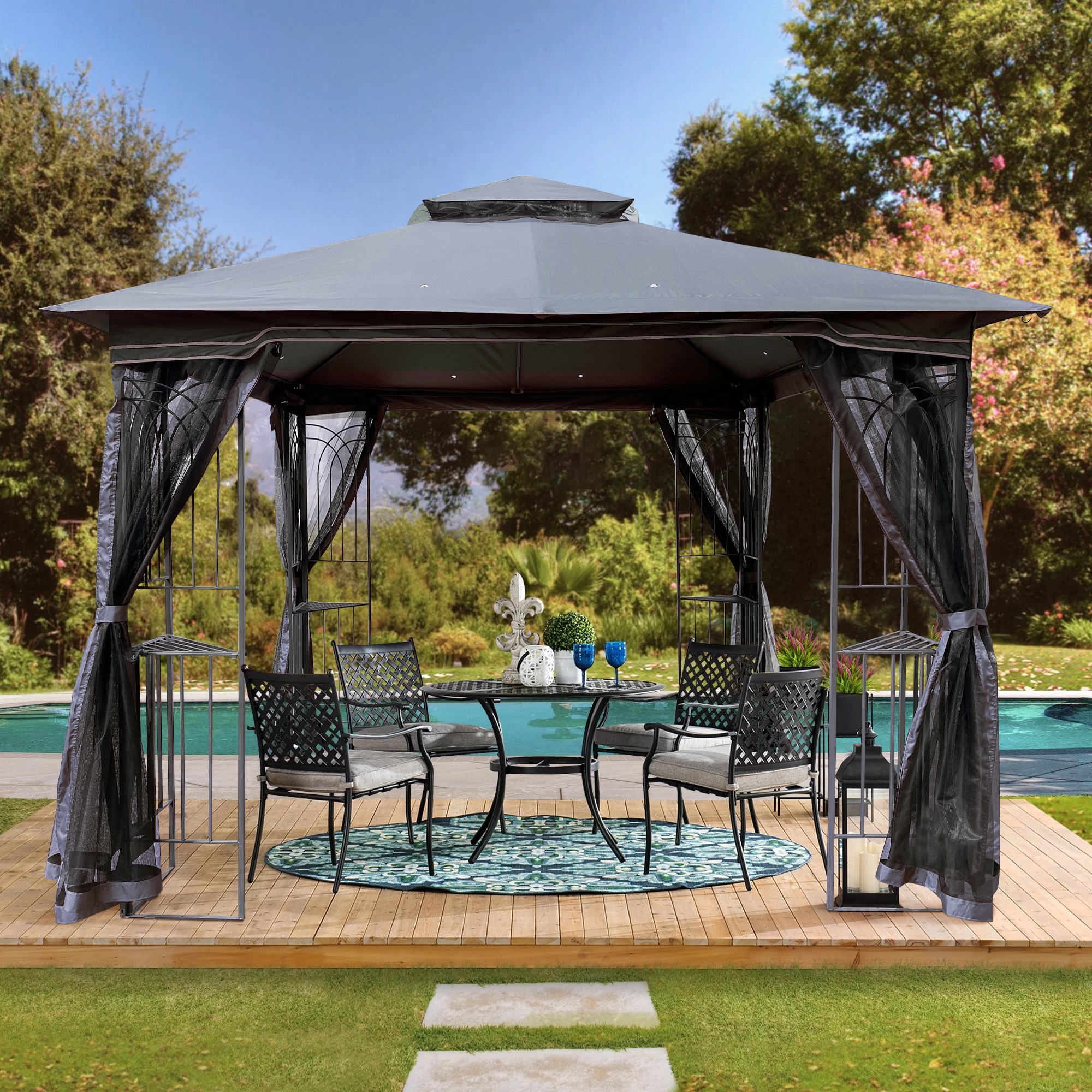 Lycvki 03DXZ-17 8.83-ft x 8.83-ft Patio Gazebo Canopy Tent Gray Gazebo with Soft Top Roof (Screen Included)