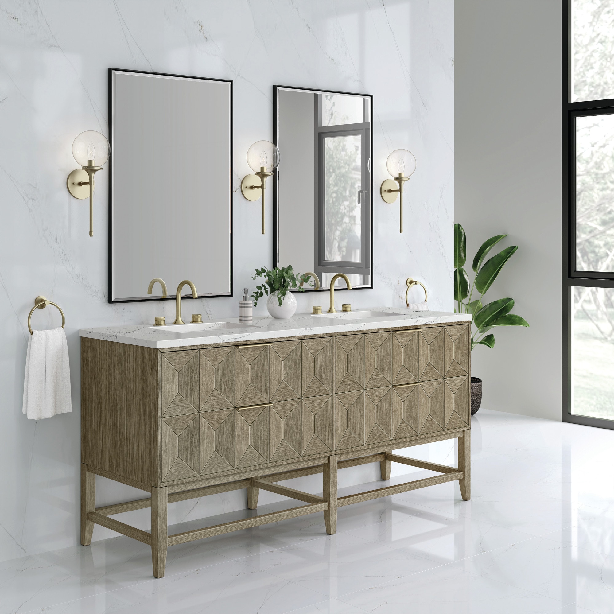 Pebble Oak 72" Double Freestanding Vanity with Solid Surface Top