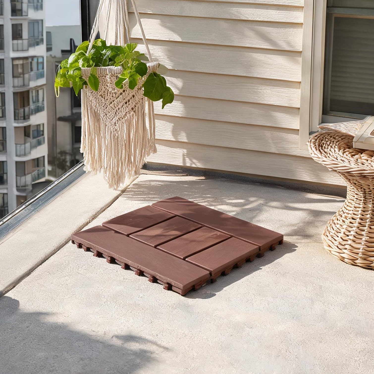 SunJet Interlocking Deck Tiles in Warm Brown 12-Inch DIY Flooring for Indoor-Outdoor Living Set of 44 Pieces