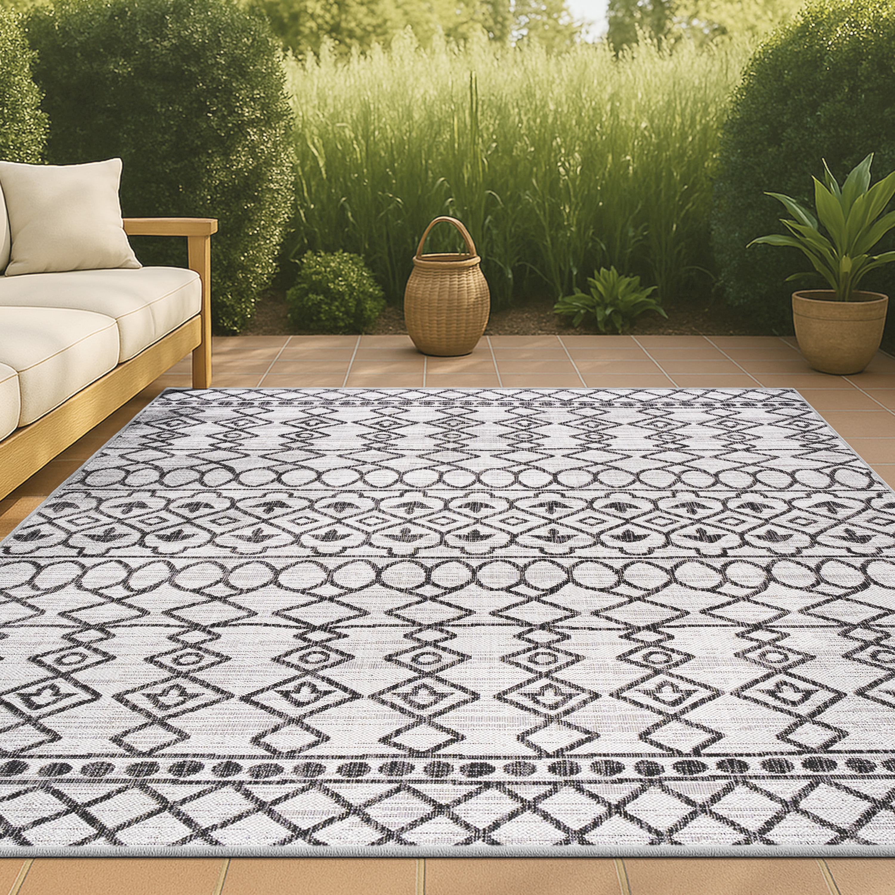 JONATHAN  Y SMB130E-8 Santa Monica Kafel Tribal 8 x 10 (ft) Loomed Polypropylene Ivory/Black Rectangular Indoor/Outdoor Trellis Bohemian/Eclectic Area rug
