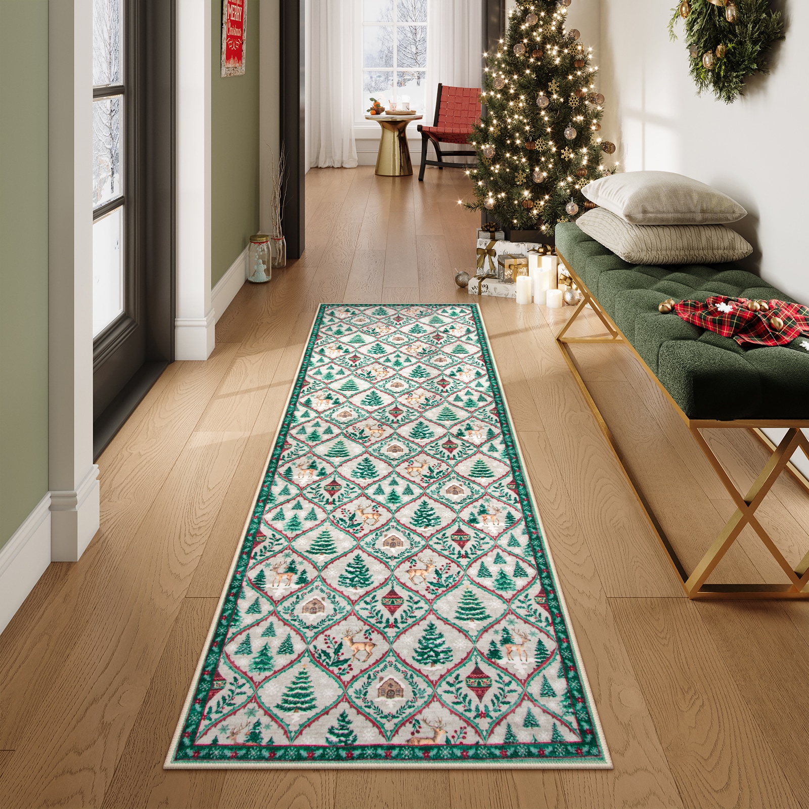 Lahome AR-ZZR-SLXLKQ-61X183 2x6(ft) Khaki Washable Christmas Deer Tree Pattern Holiday Decor Non Slip Ultra Thin Soft Area Rug