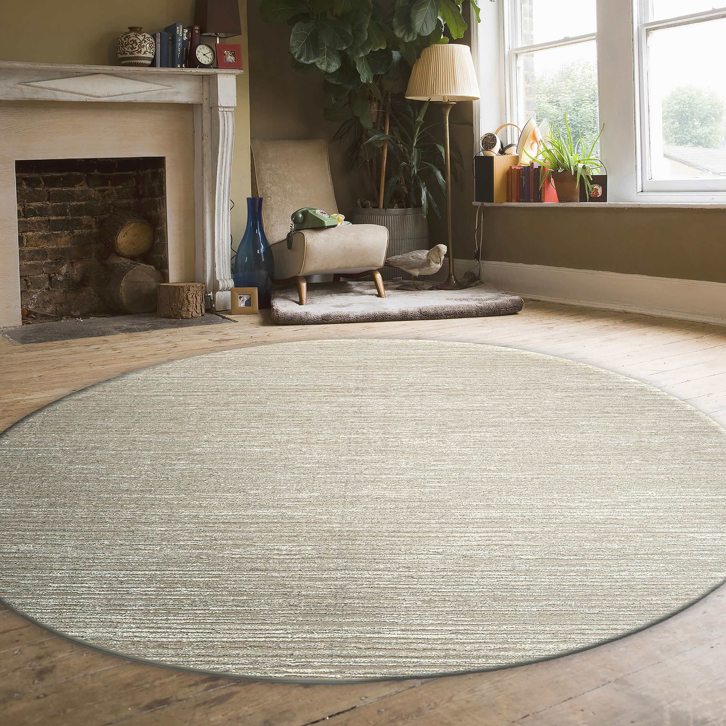 Radici USA 1228/1006/BEIGE Davide 8 x 8 (ft) Loomed Polypropylene Beige Round Indoor Stripe Mid-Century Modern Area rug