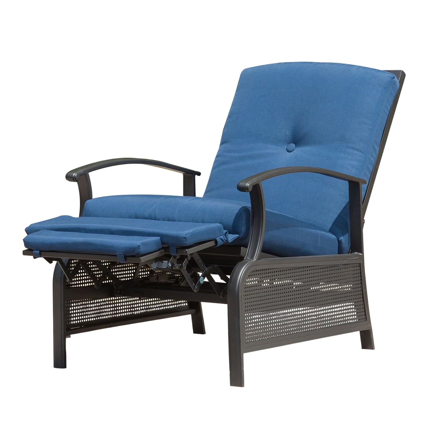 Wicker Stackable Brown Steel Frame Stationary Recliner Chair with Blue Cushioned Seat Cotton | - BANSA ROSE LLZJLY5601