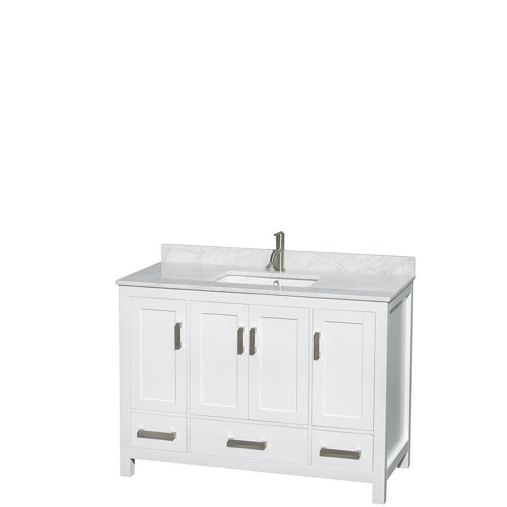 Wyndham Collection WCS141448SWHCMUNSMXX Sheffield 48-in White with Brushed Chrome Trim Undermount Single Sink Bathroom Vanity with White Carrera Natural Marble Top