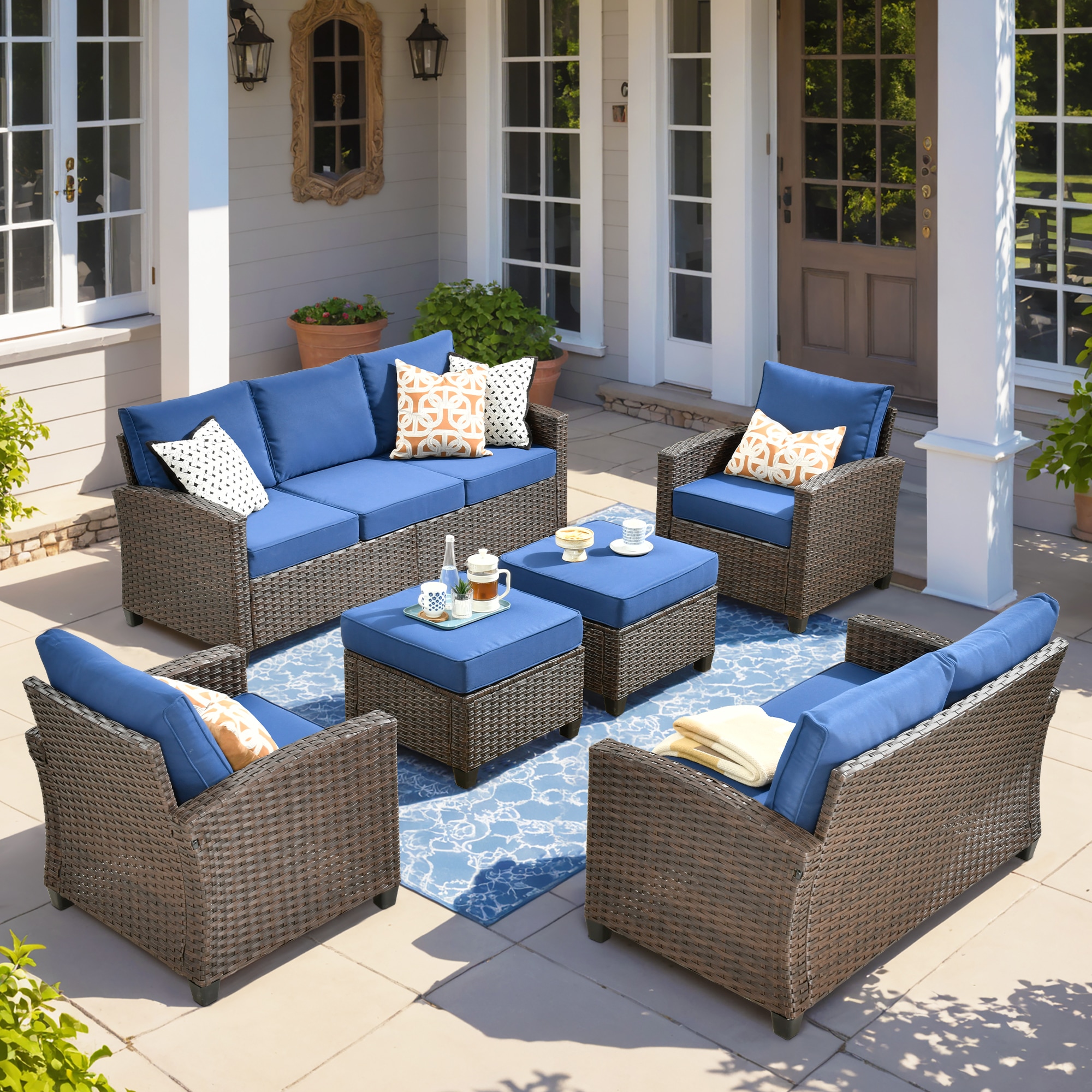 Caodoc L5-PRS702-1 PRS Rattan Outdoor Sectional with Blue Cushions and Wicker Frame