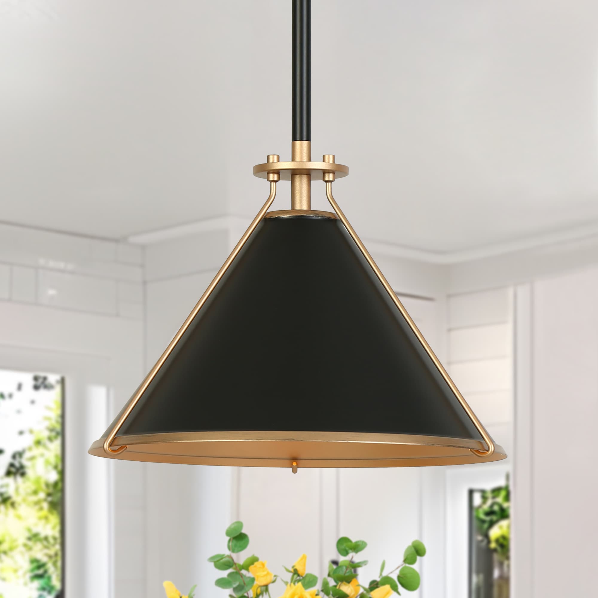 ZEVNI L3BJ3UNAW5296S89 Noirlux Industrial Matte Black and Brass Gold Farmhouse Cone Medium Hanging Kitchen island light