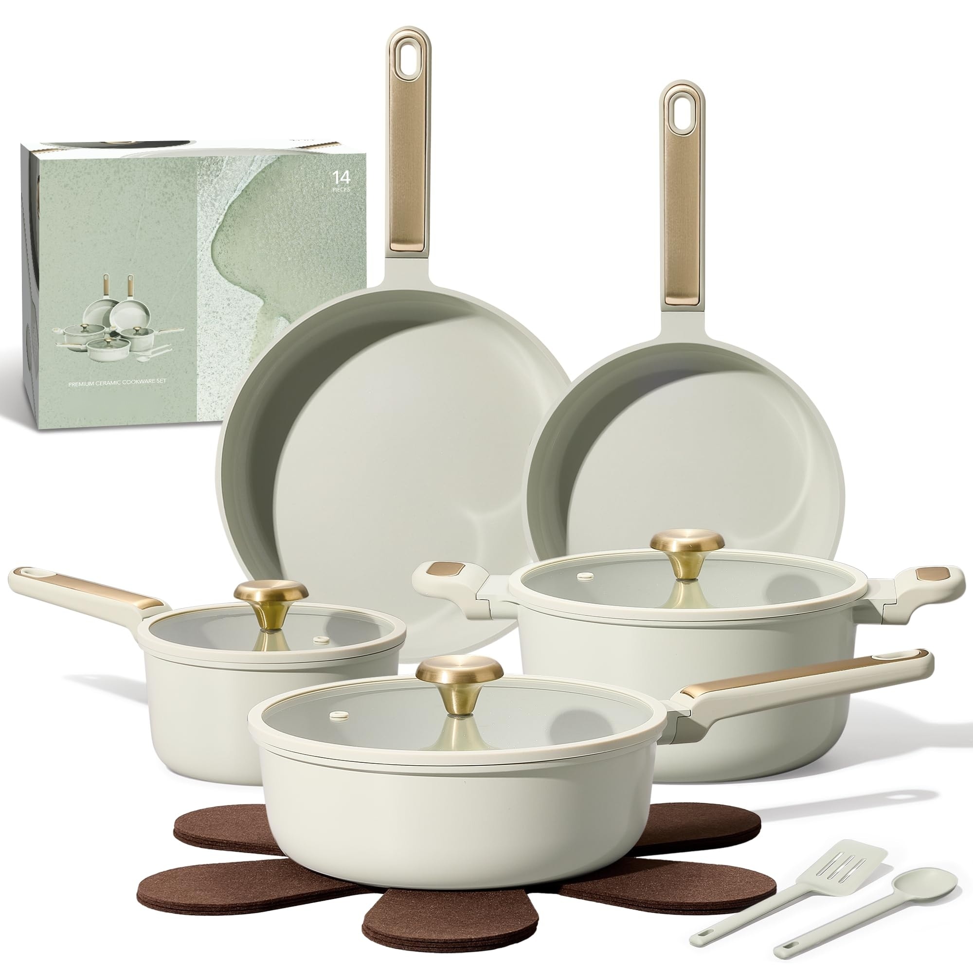 Etokfoks  14 Piece Aluminum Nonstick Cookware Set in Sage Green Non Toxic Pots and Pans Compatible with All Stovetops