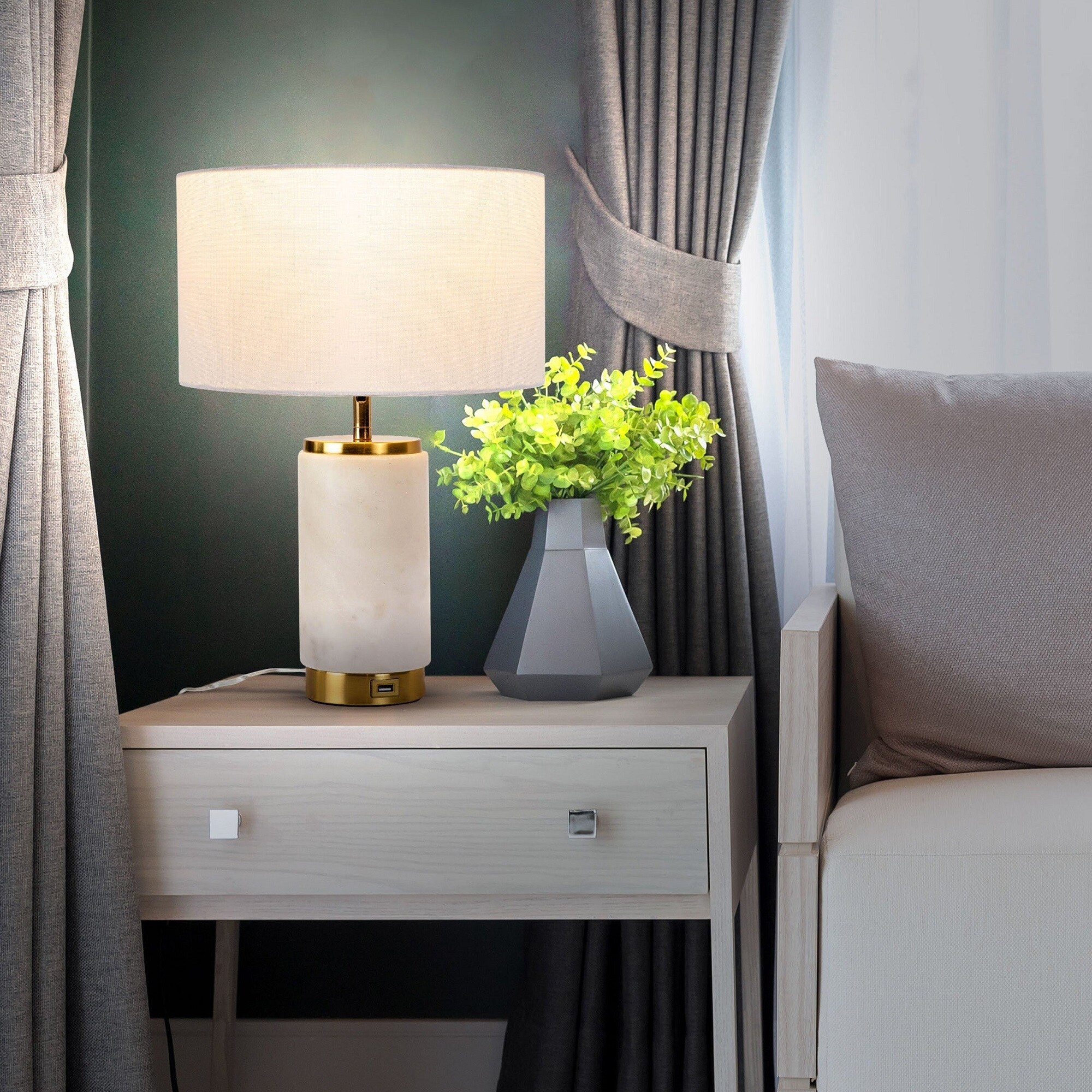 White Marble LED Table Lamp with USB Port and Brass Accents