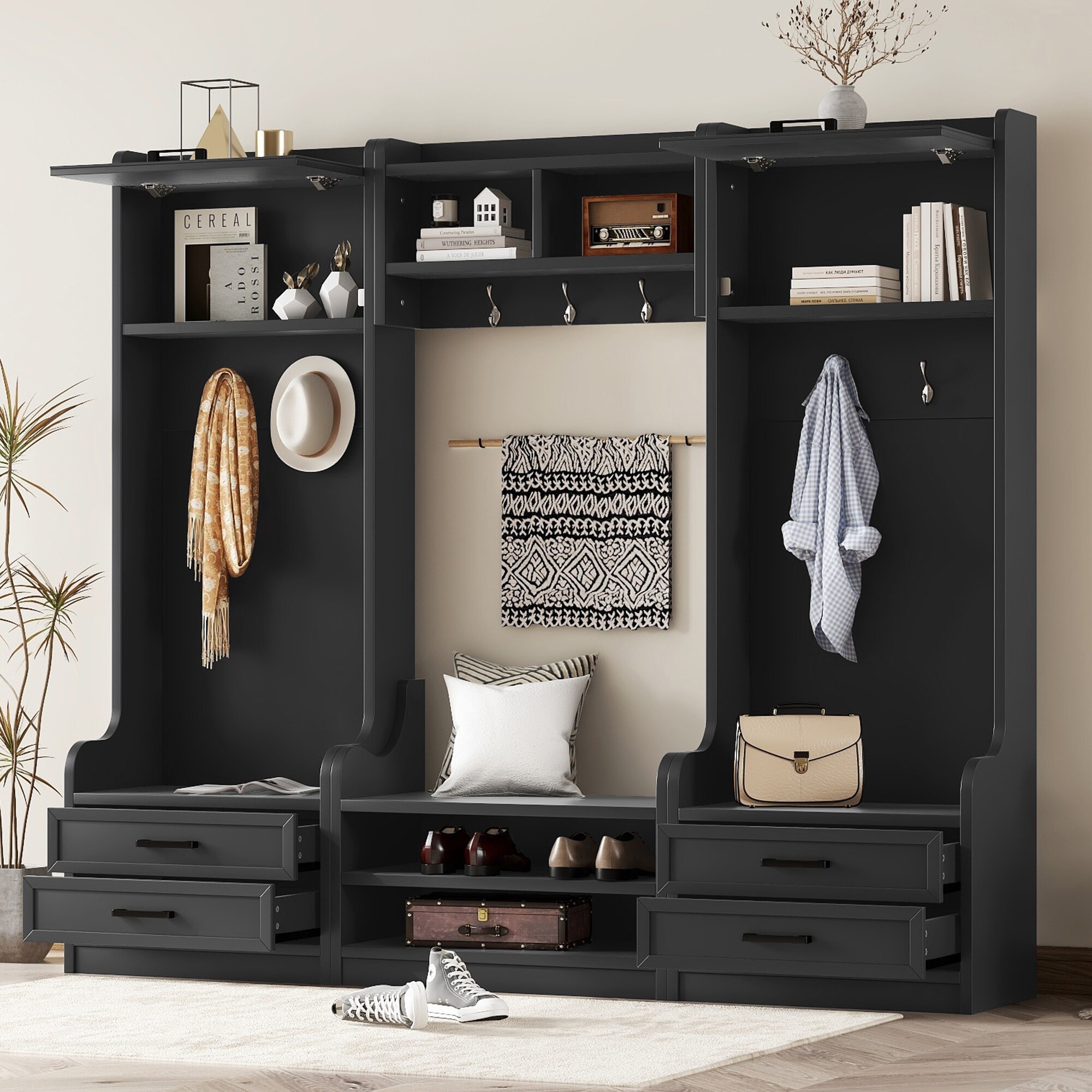 Belffin - 4 in 1 detachable black hall tree entryway shoe bench with 7 hooks drawers and storage ...