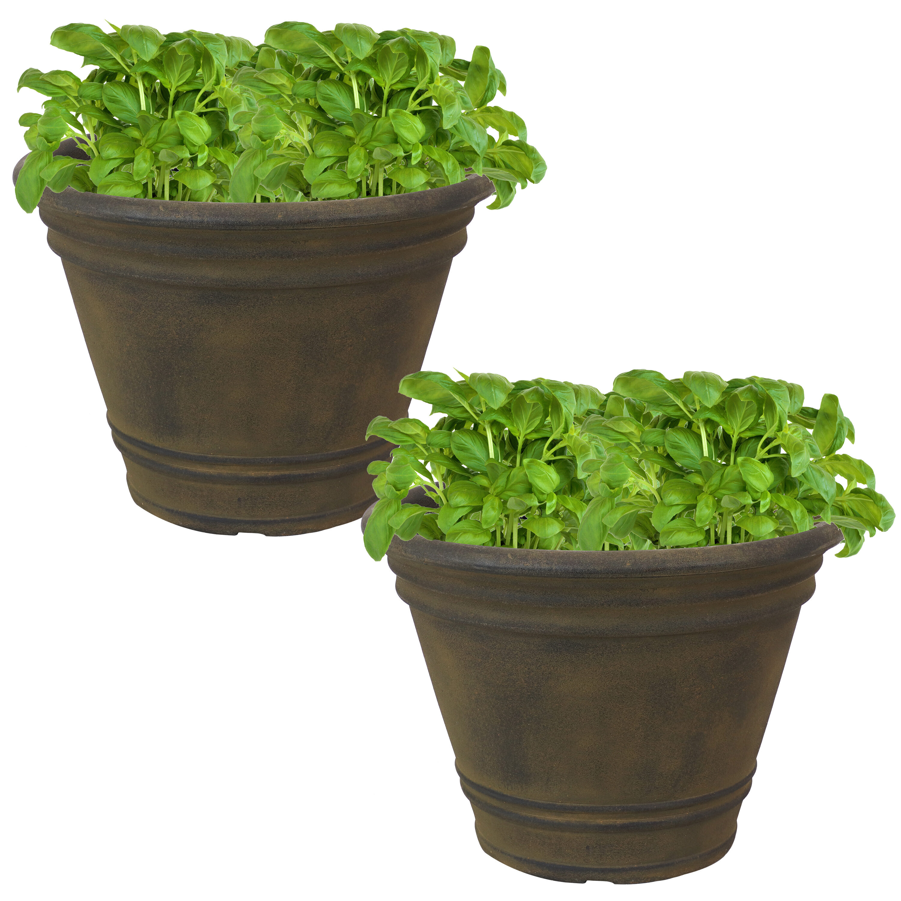 Sunnydaze Decor DG-759 2 -Pack Round 11.25-Inches W Large Brown Resin Indoor/Outdoor Planter with Drainage Holes