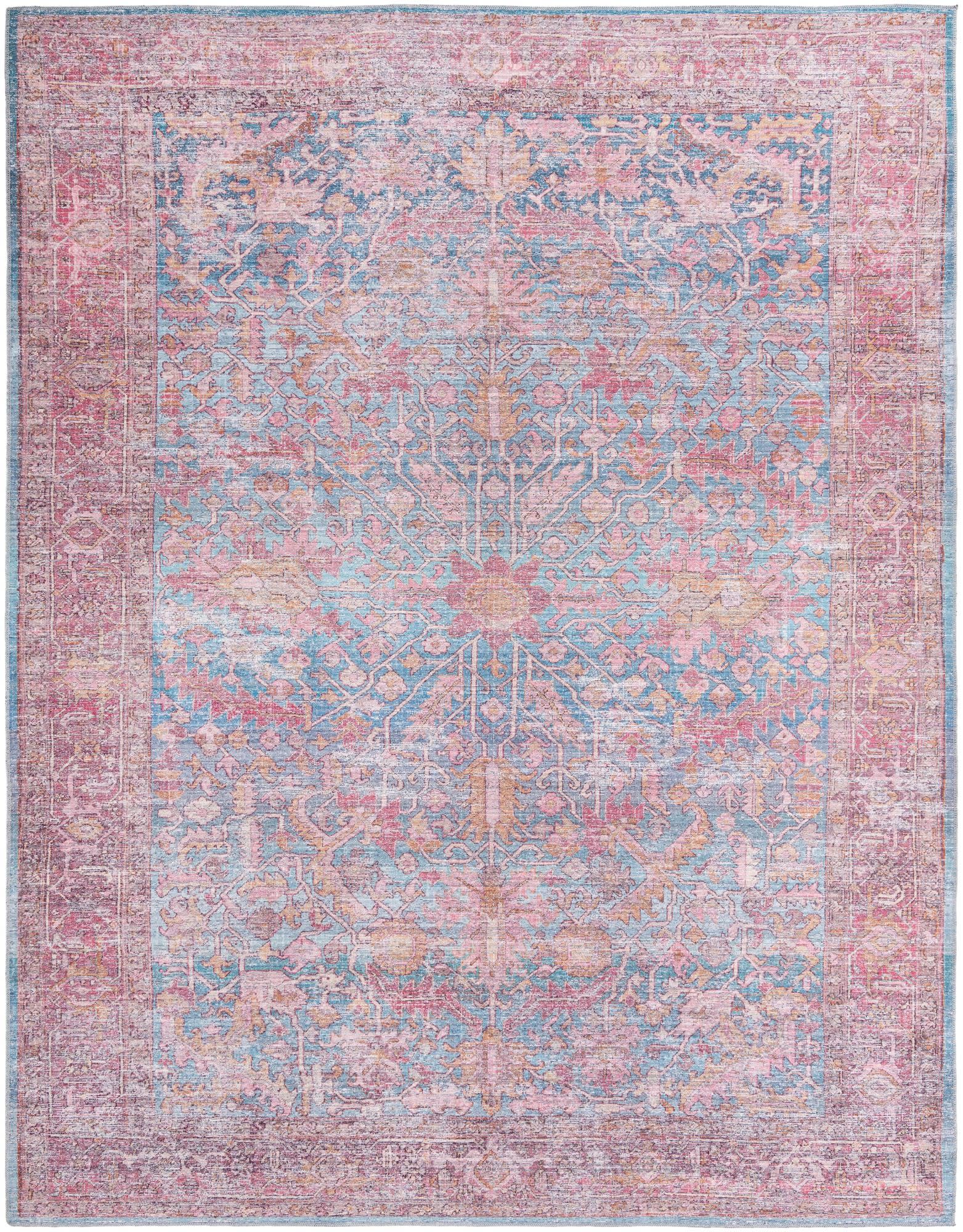 Mangata Blue and Pink Rectangular Washable Chenille Rug
