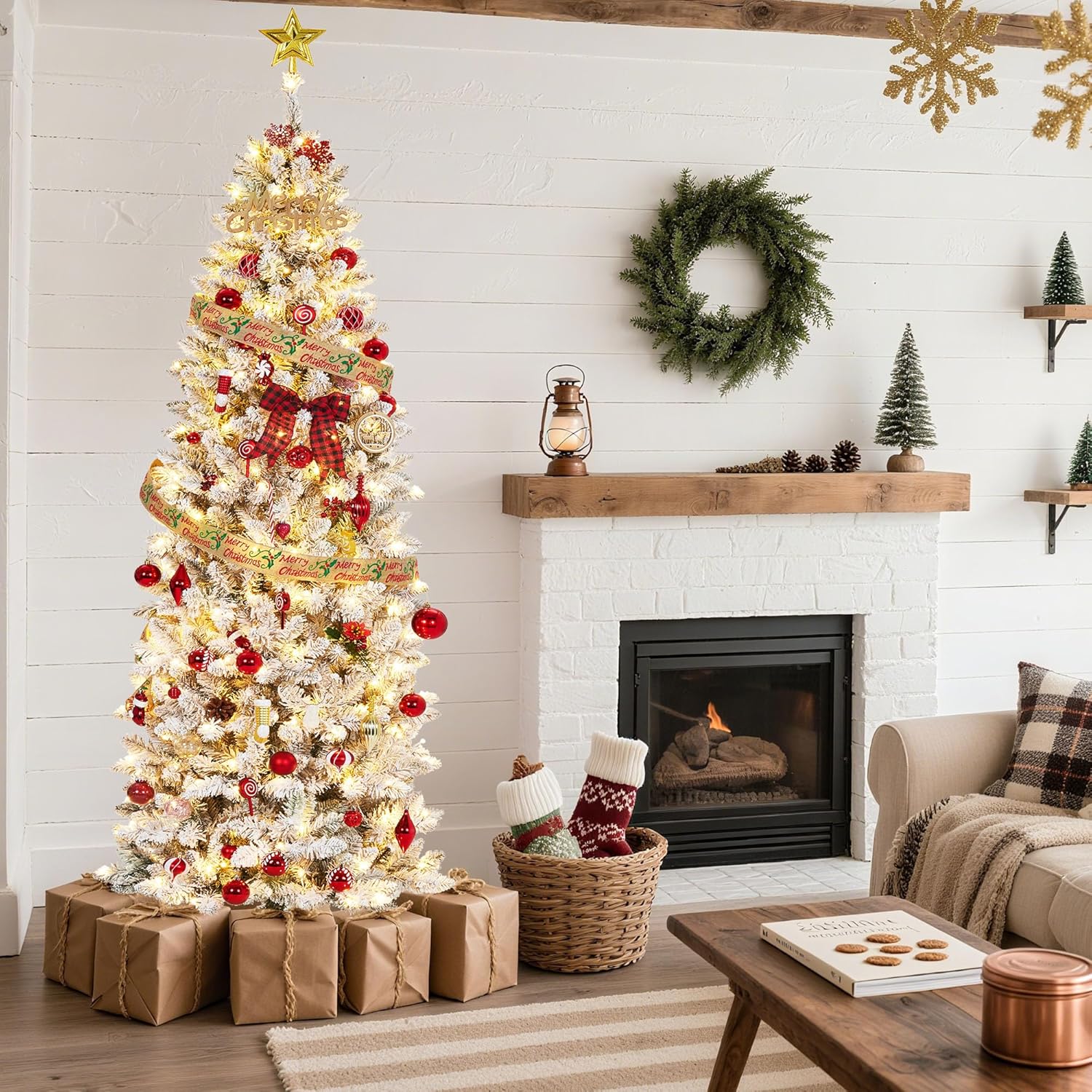 Qeetex LXL-PHK-35JMI1V8 Christmas Tree 6 FT Prelit Artificial Pencil Frosted Skinny LED Lights Metal Base Home Party Bar Holiday Decoration