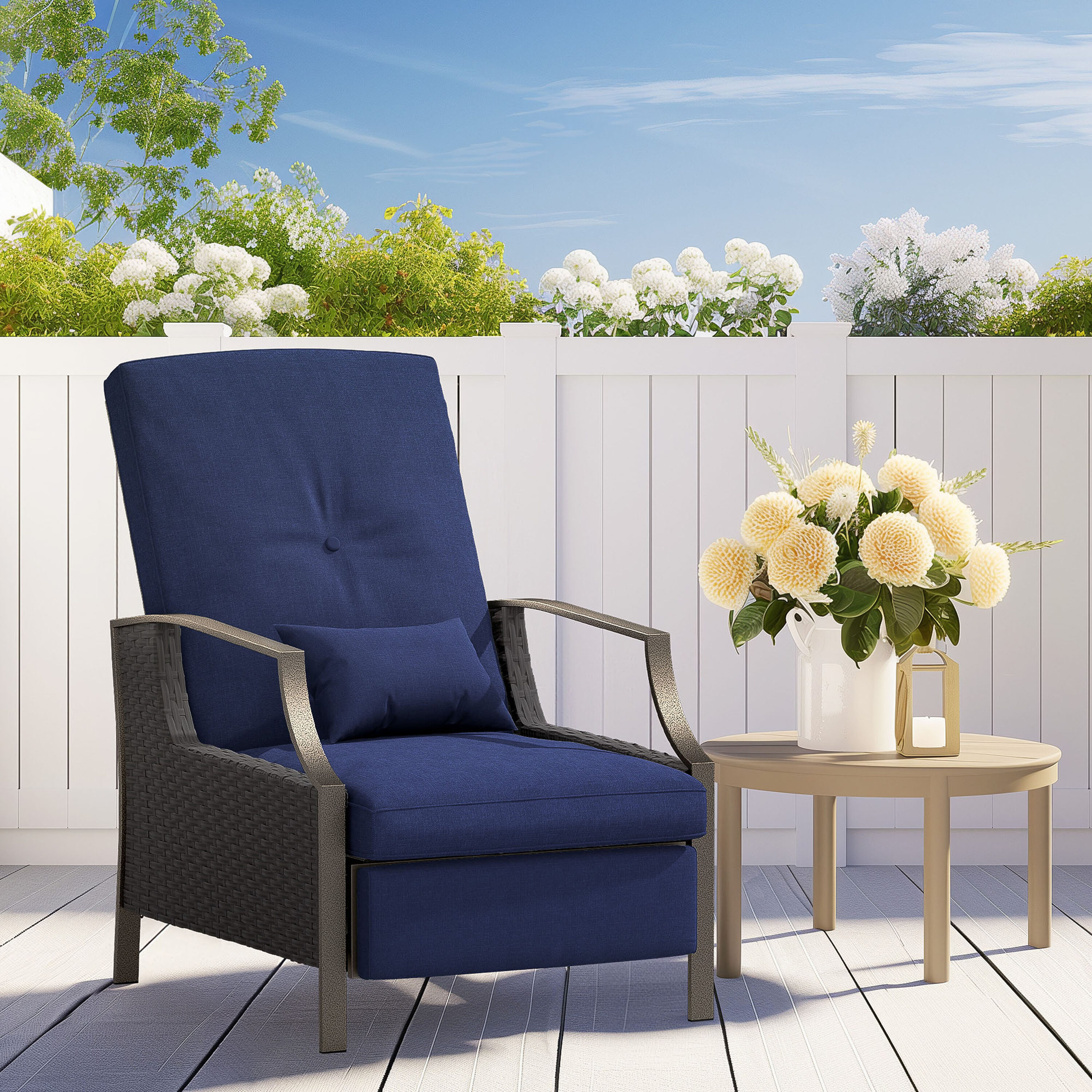 JEAREY KDTSTY-01NY Patio Adjustable Lounge Chair Rattan Navy Metal Frame Stationary Recliner Chair with Blue Cushioned Seat