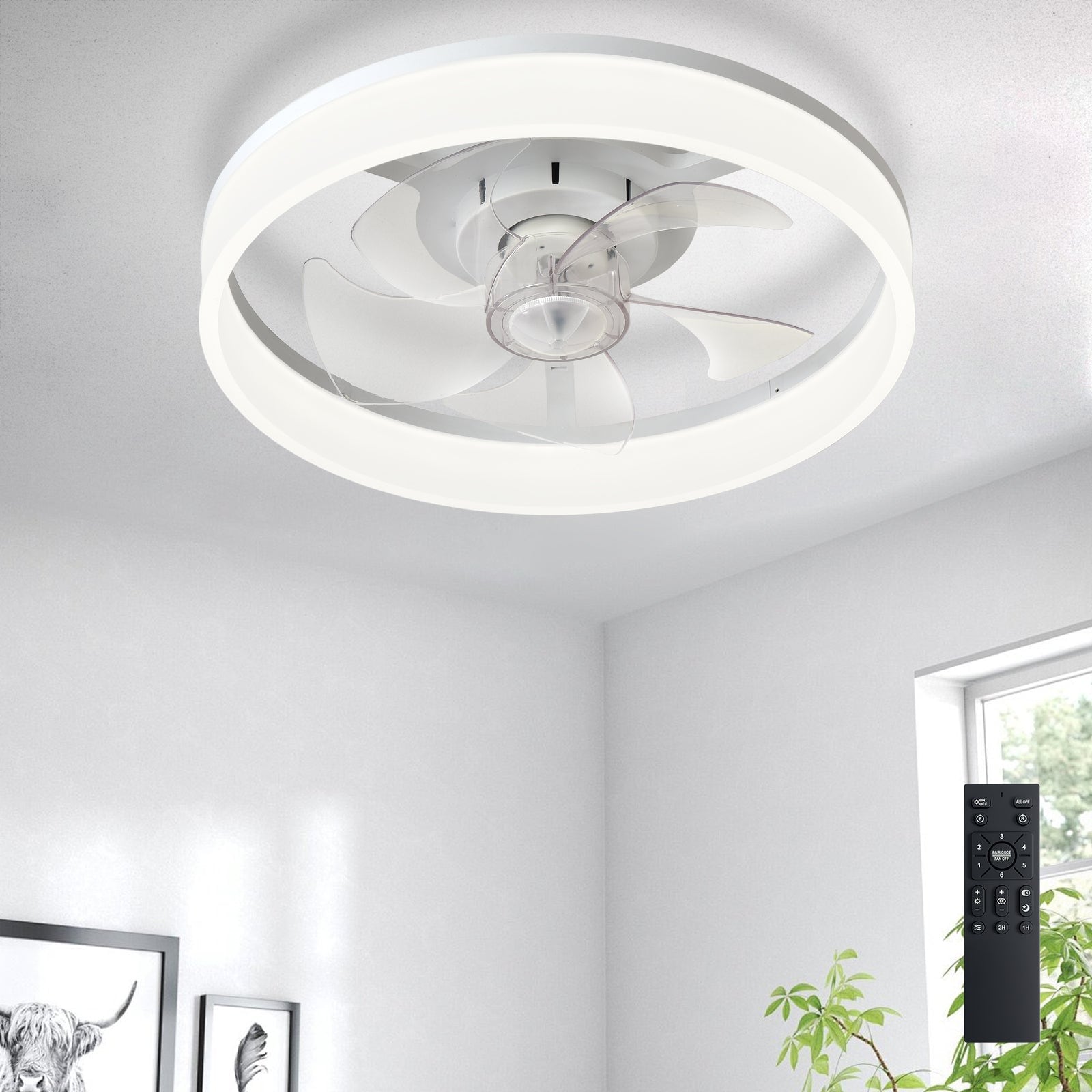 Dovanpaul 16 Inch White Modern Low Profile Flush Mount DC Ceiling Fan Fandelier Dimmable Quiet Light with App and Remote Dual Control for Bedroom Living Room Kitchen