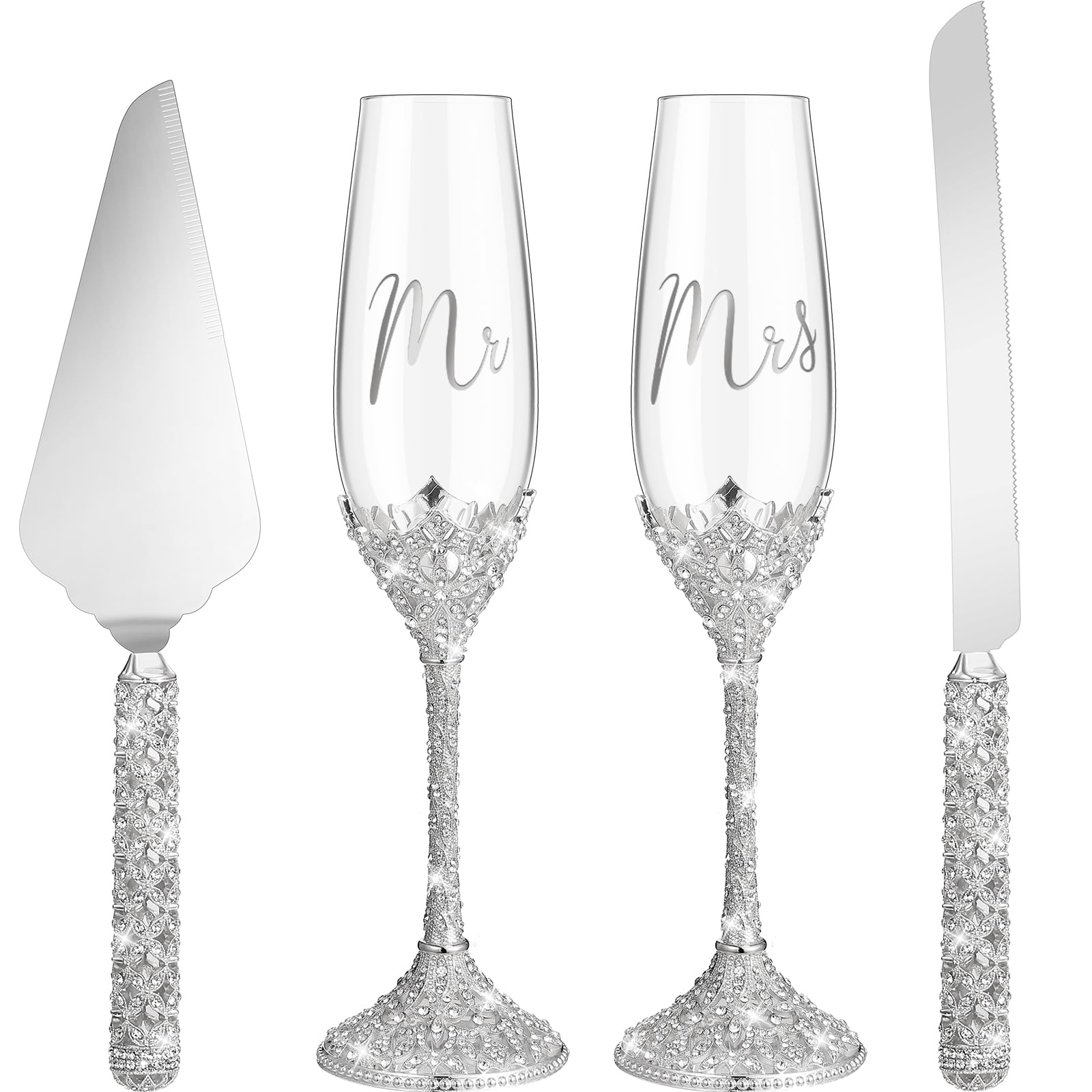 Aoibox  Wedding Cake Knife and Champagne Flutes Set with Crystal Rhinestones Silver Elegant for Bride and Groom