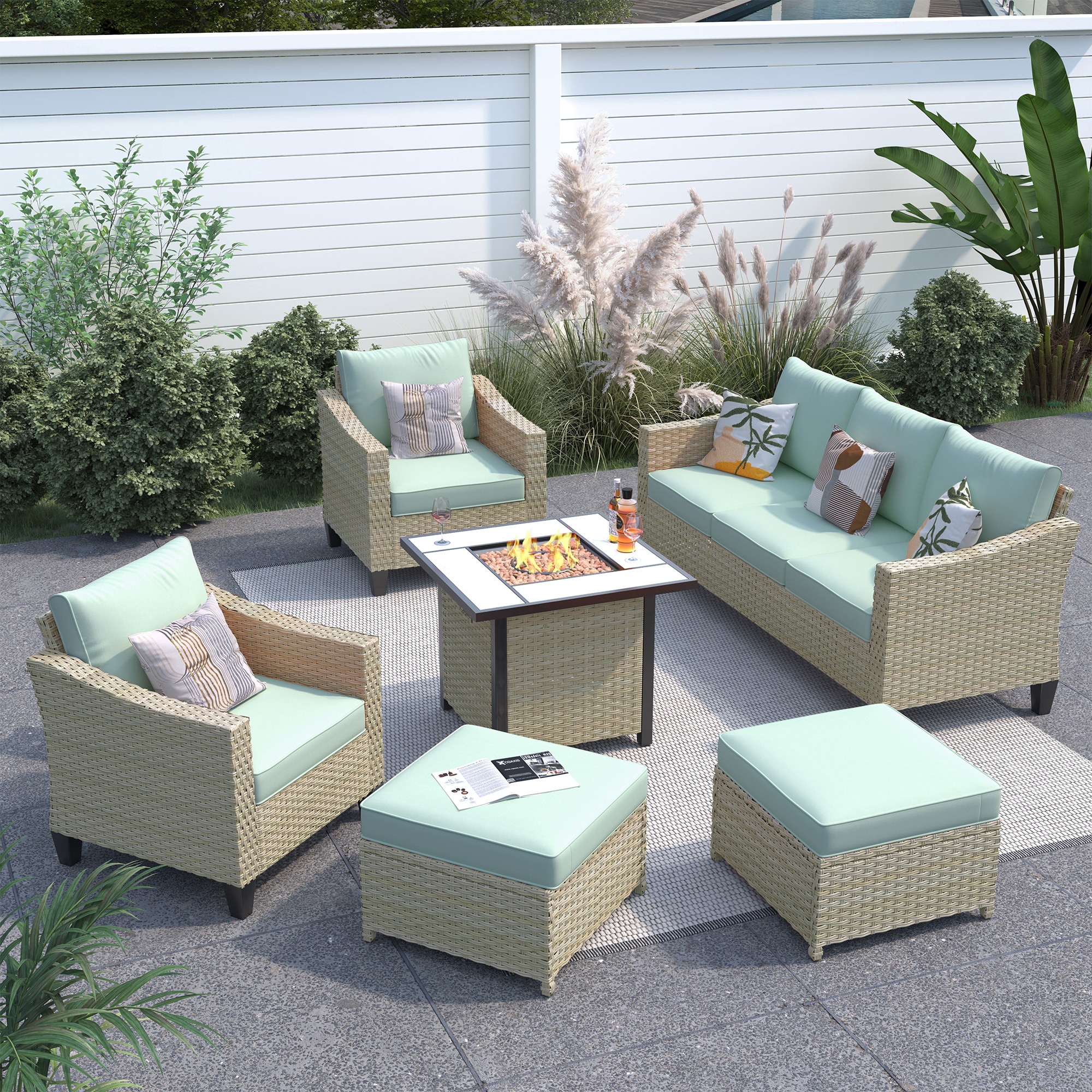 Pouuin SFPDAR905 6 -Piece Wicker Patio Sofa Conversation Set with Green Cushions
