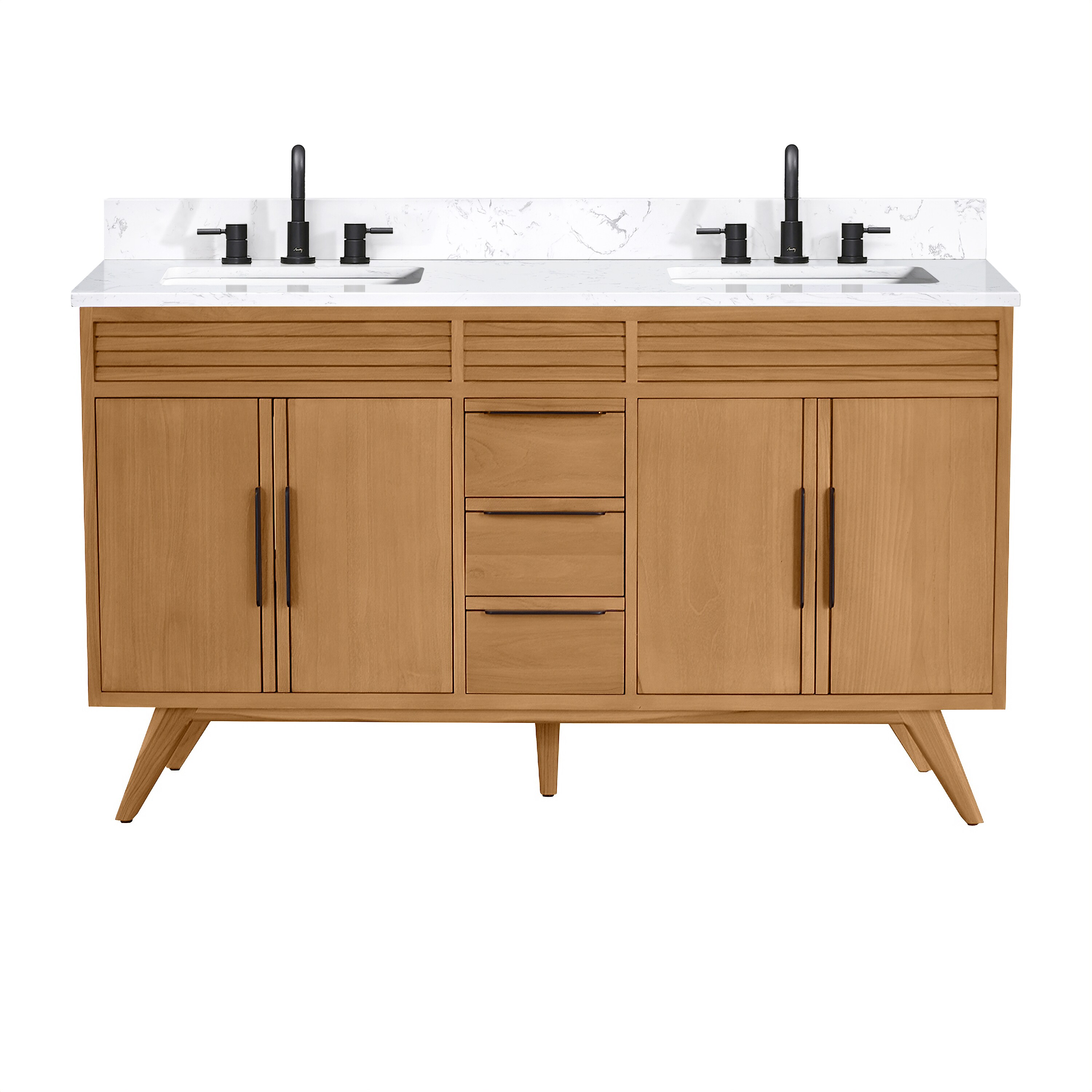 Taylor 61" Natural Teak Double Sink Vanity with White Stone Top