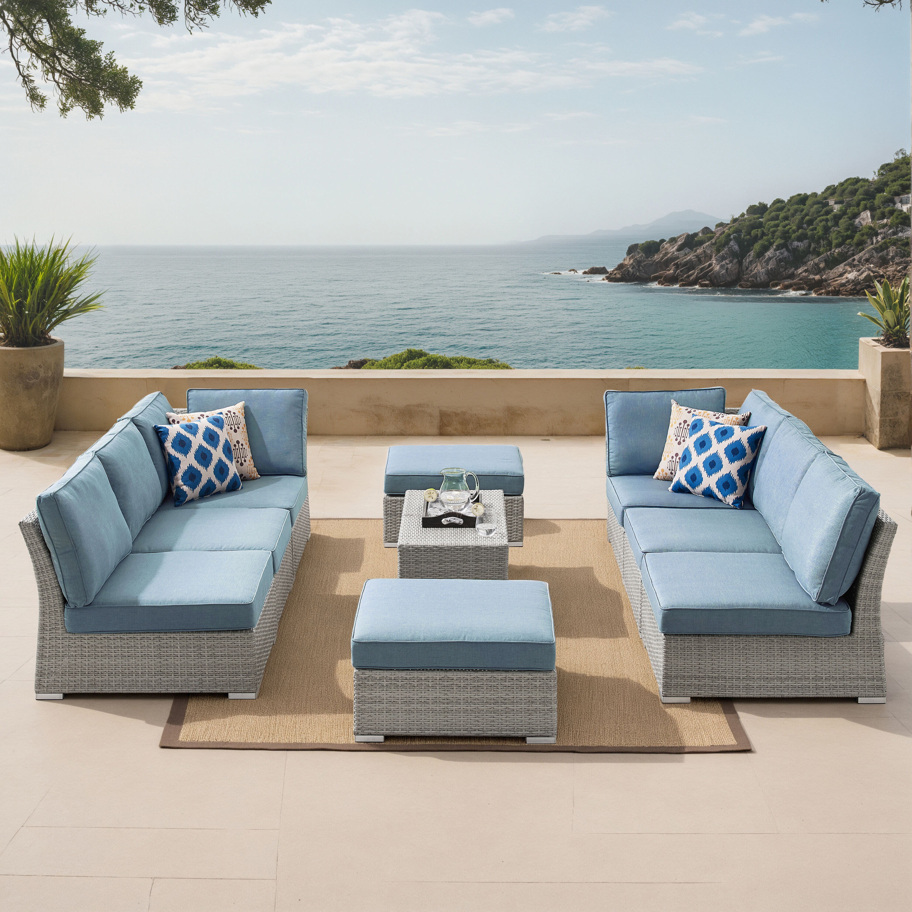 Octans SL2C00194 Wicker Outdoor Sectional with Blue Cushions and Aluminum Frame
