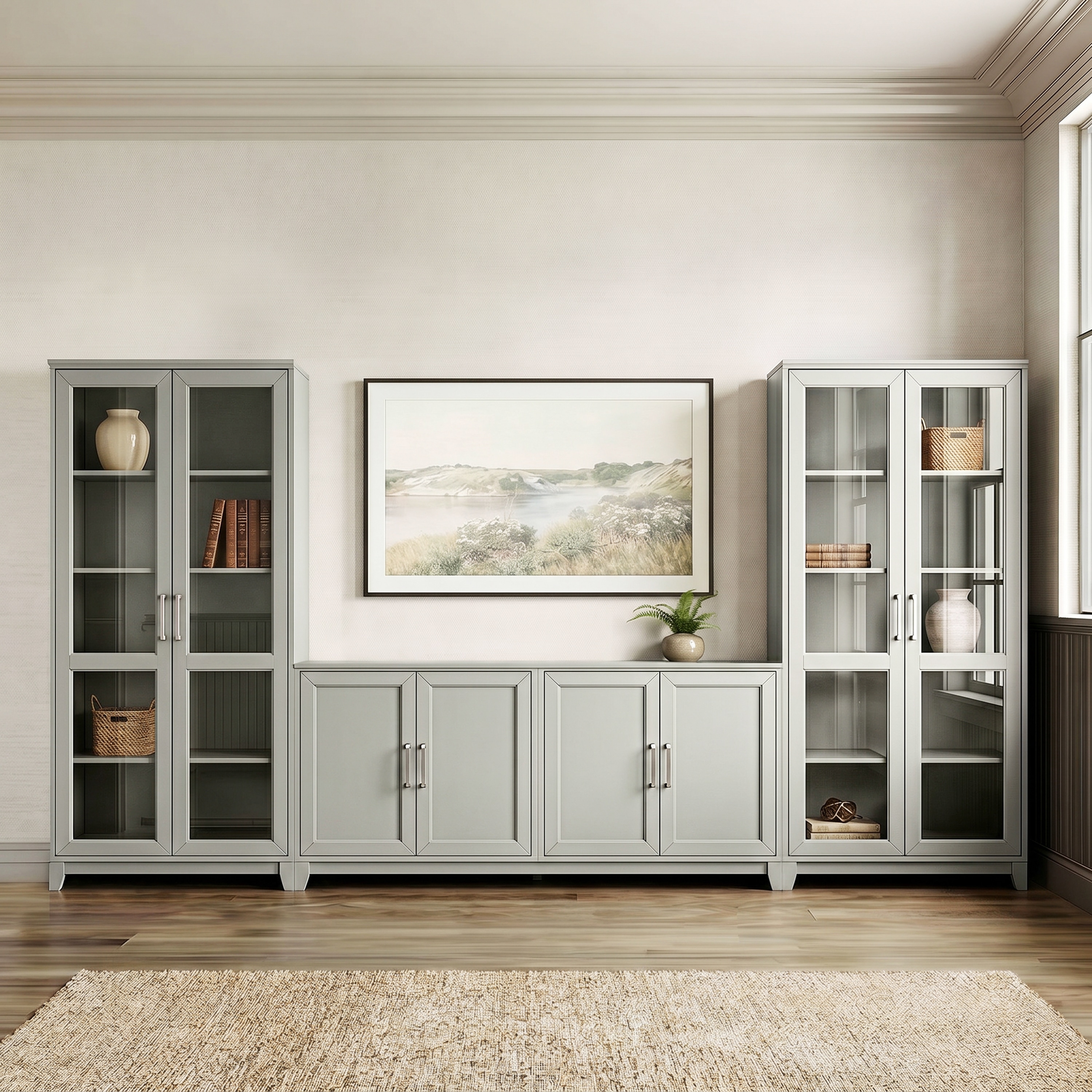 Martha Stewart Bedford Modular Shaker 4-Door TV Stand for up to 75-in TV- 2 Tall Media Cabinets- Brushed SS Hardware- Soft-Close Doors- Bedford Gray- 3-Piece Set
