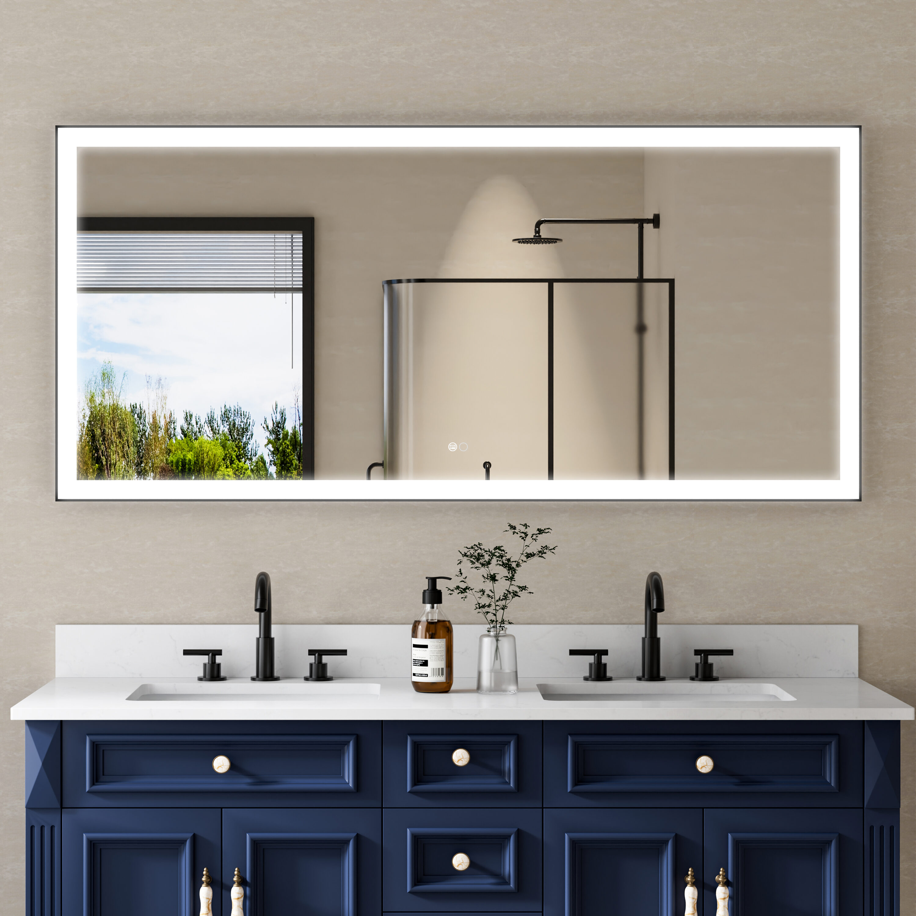 WELLFOR W5FM6028MB RECA Framed LED Mirror 60-in x 28-in Framed Rectangle Dimmable LED Lighted Fog Free Bathroom Vanity Mirror ( Matte Black )