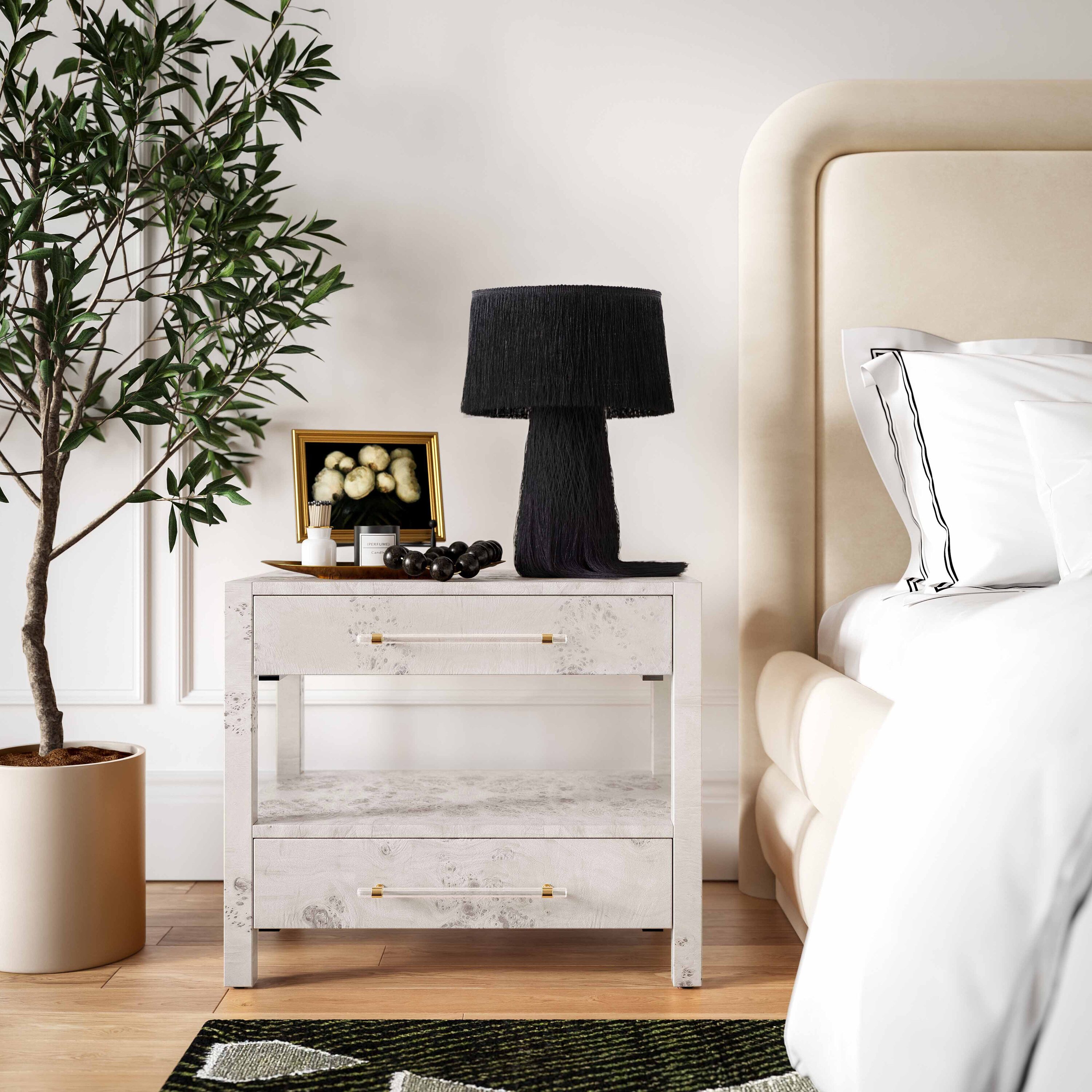 Contemporary White Burl Acacia Nightstand with Brass Accents