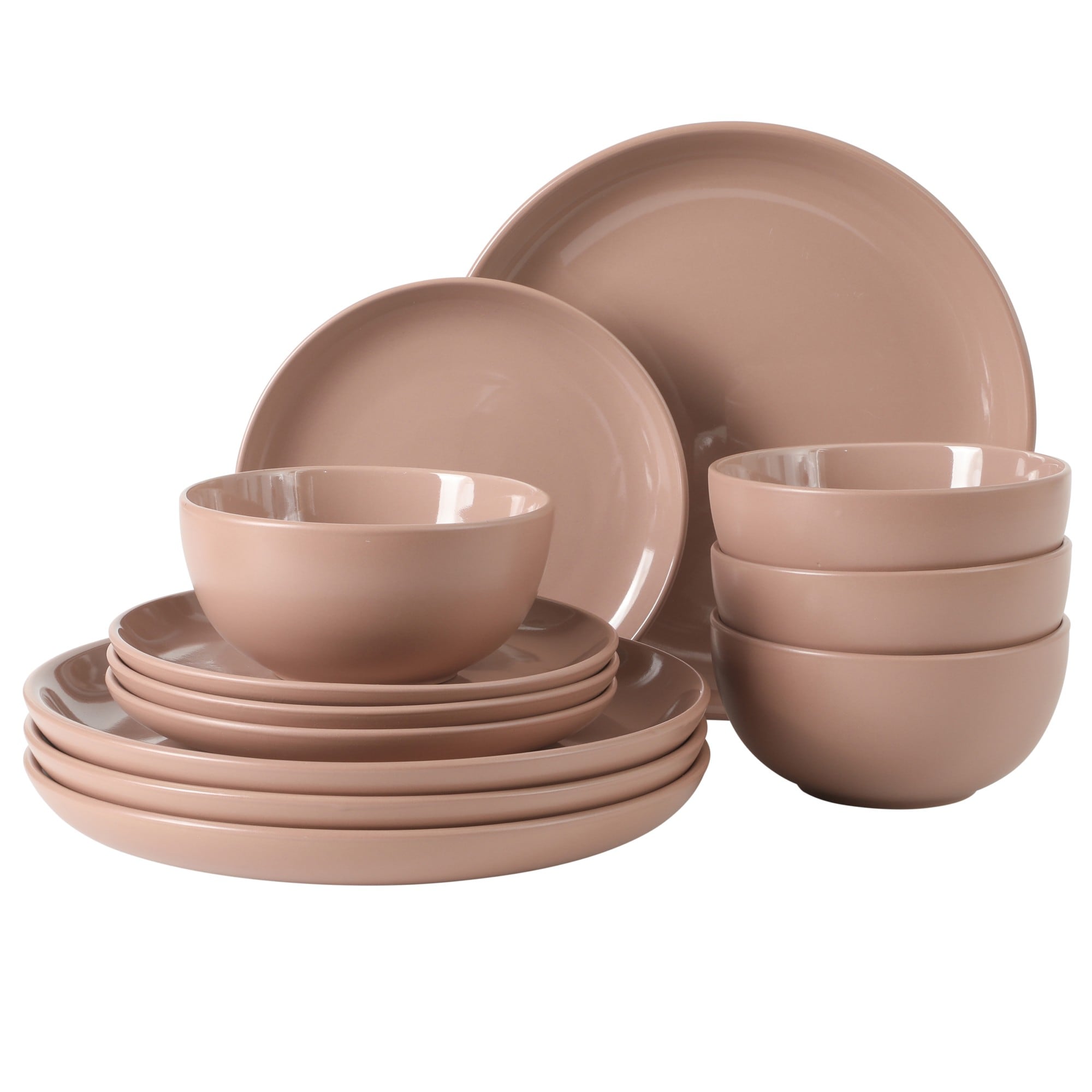 Gibson Home Rockaway 12 Piece Plates and Bowls Matte Outside Shiny Inside Glaze Service for 4 Dinnerware Set Pink Dishwasher and Microwave Safe #136404.12R