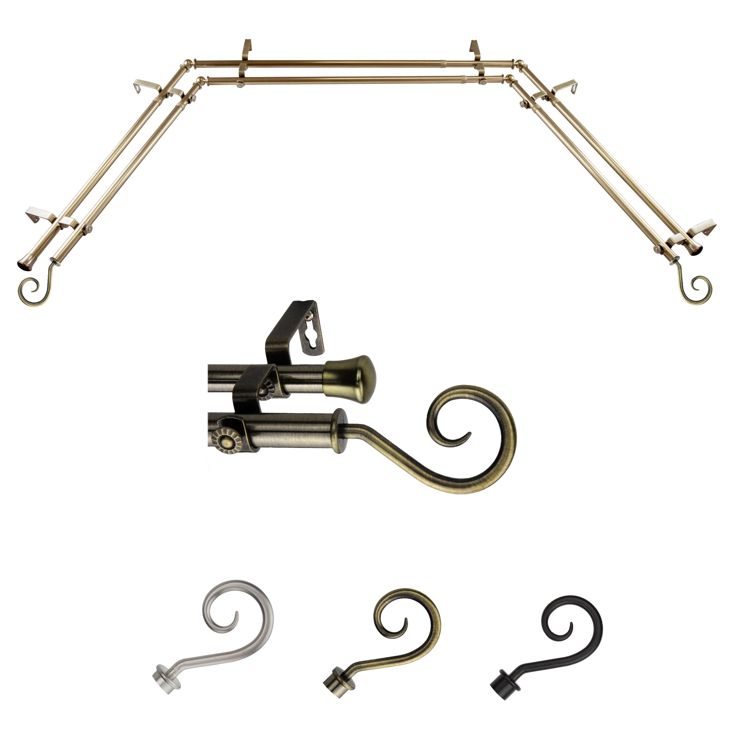 Hart & Harlow LO-ABAY-20-4D 72-in to 144-in Antique Brass Steel Bay window curtain rod with Finials